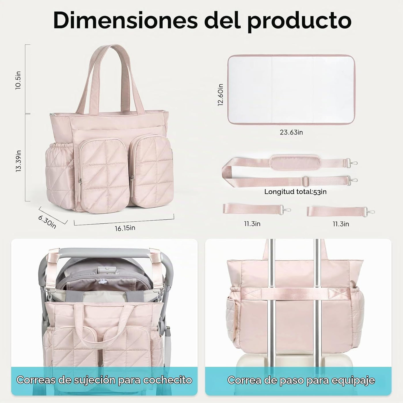 TOPEAST Bolsa de pañales, bolsa acolchada para bebé con bolsillos a...
