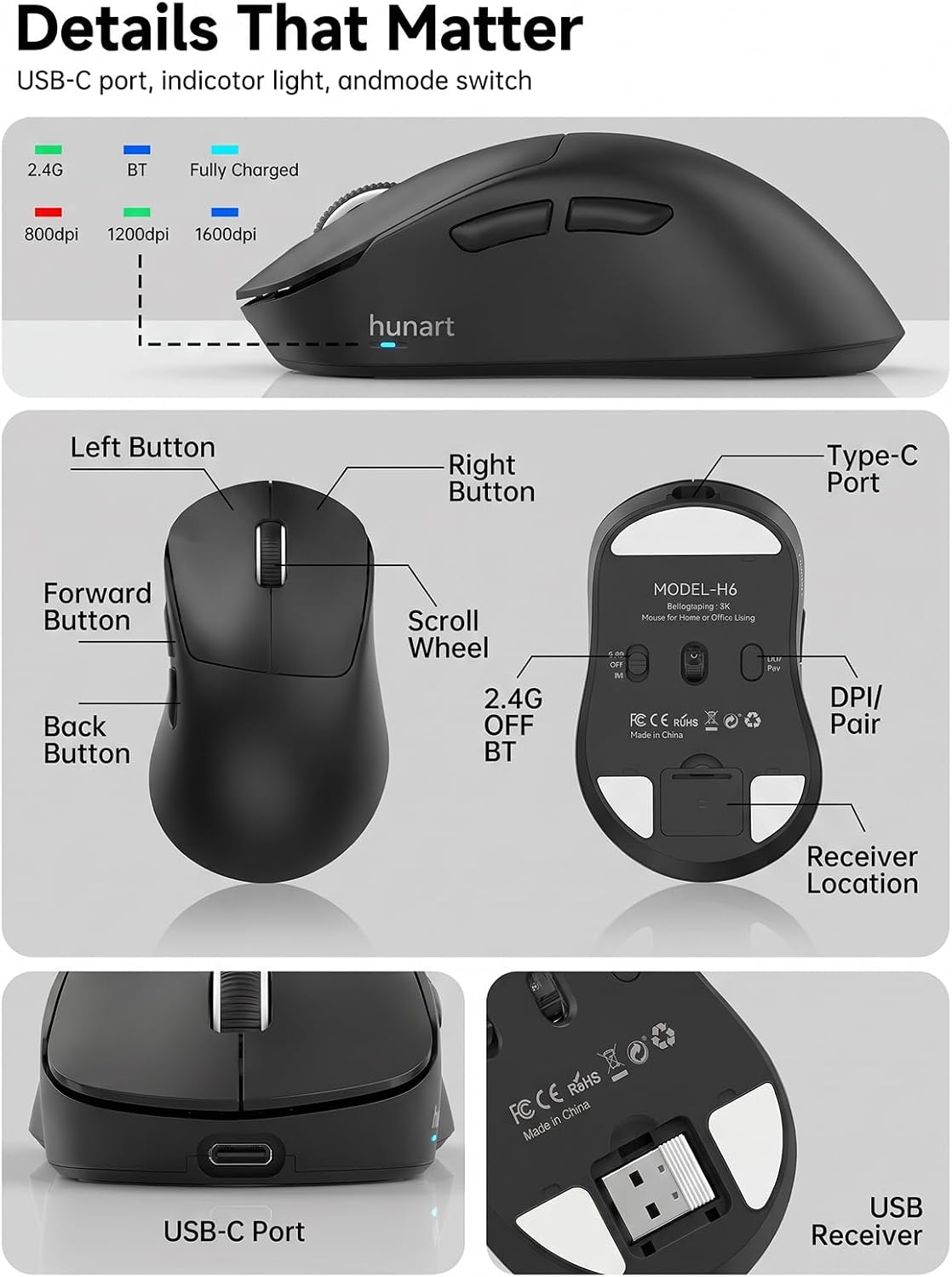 hunart Ratón inalámbrico H6 de 1.73 oz, Bluetooth y 2.4 GHz, carga...
