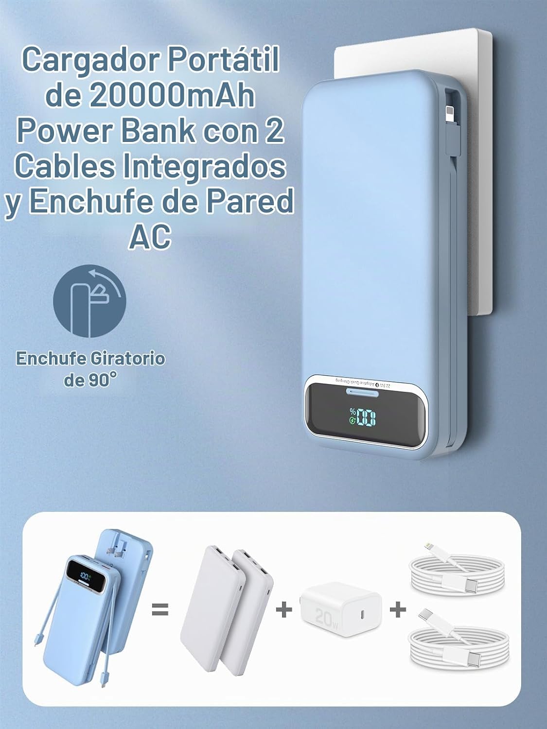 Nusyddy Cargador portátil 20000mAh de carga rápida con enchufe de p...