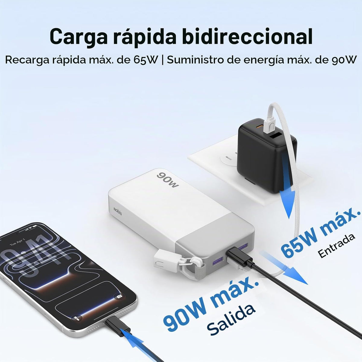 Cargador portátil NOBIS 20000mAh 90W Power Bank con cable desmontab...