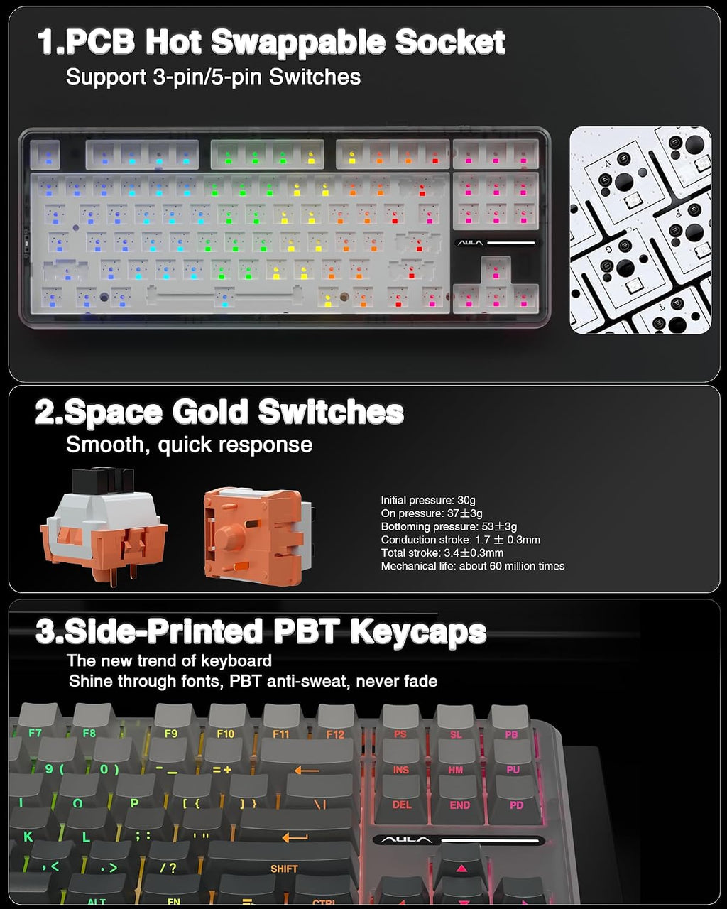 Teclado mecánico inalámbrico AULA F87 Pro, teclado personalizado in...