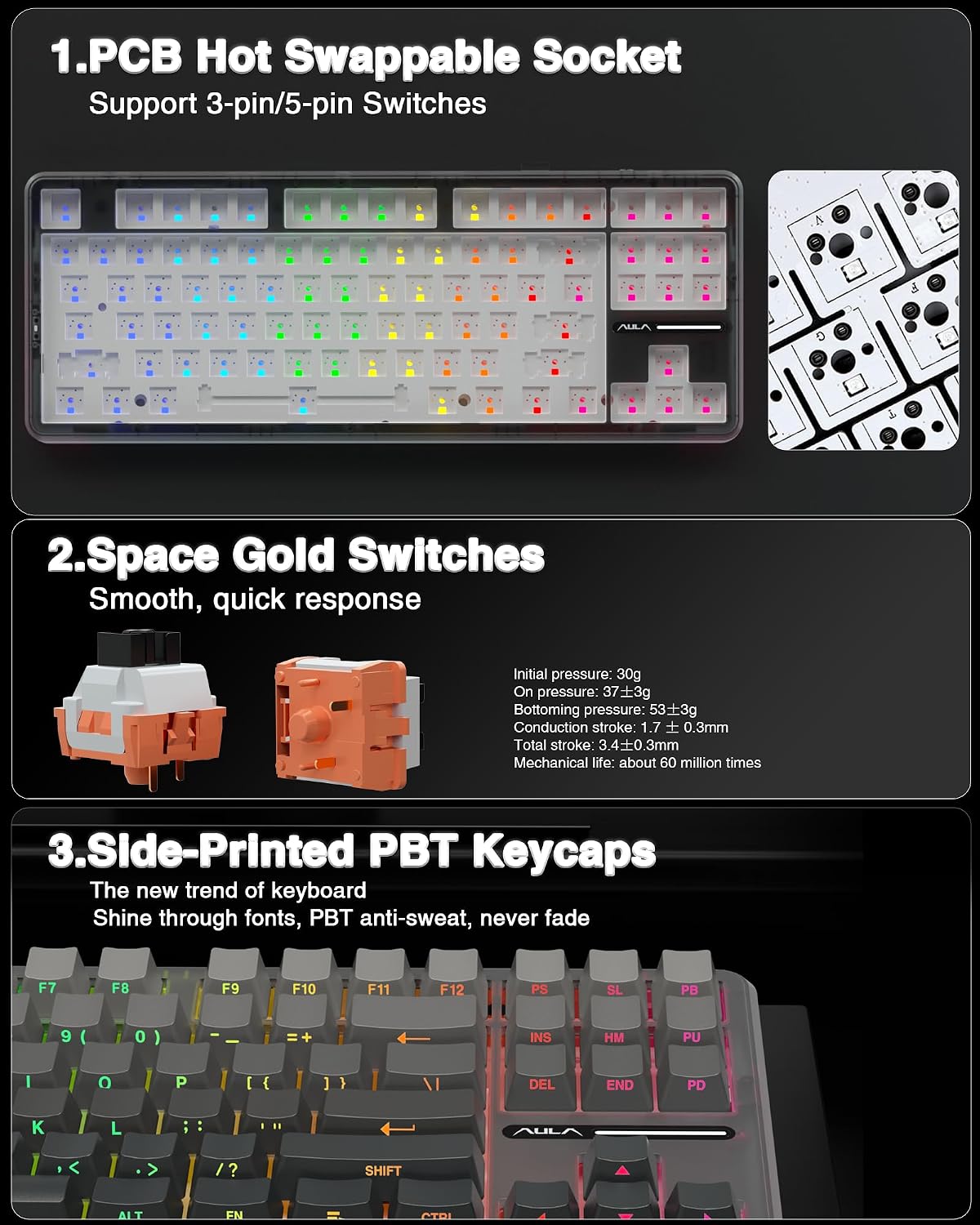 Teclado mecánico inalámbrico AULA F87 Pro, teclado personalizado in...