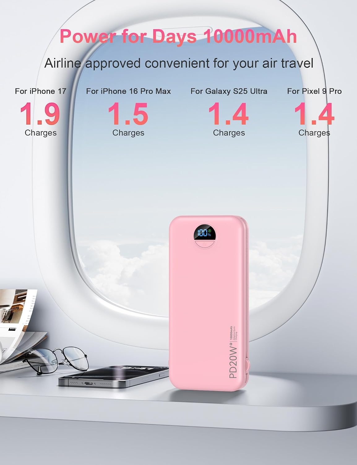 Cargador portátil Ffnpua Power Bank 10000mAh PD20W con cables incor...