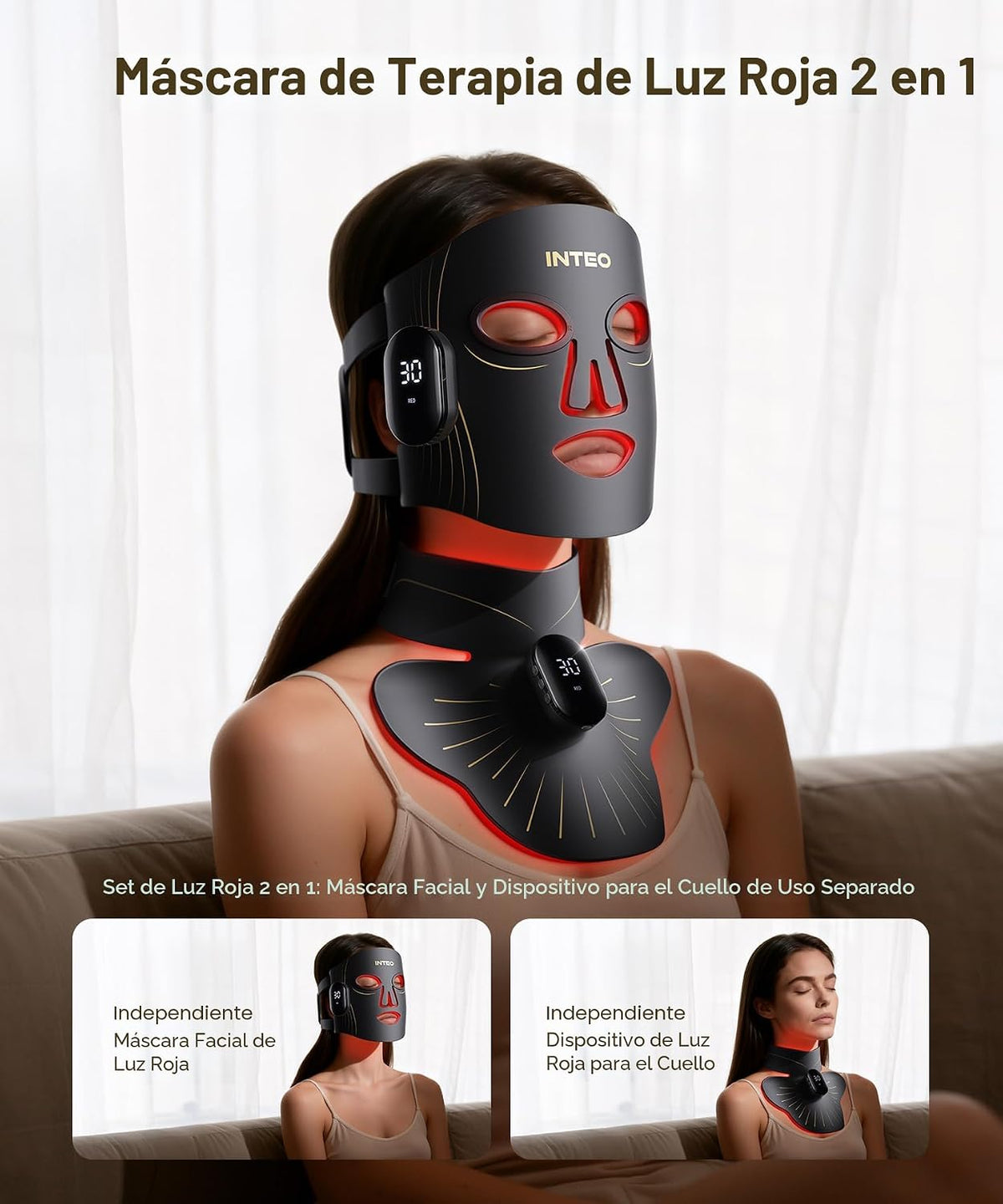 Máscara de terapia de luz roja para cara y cuello, máscara facial L...
