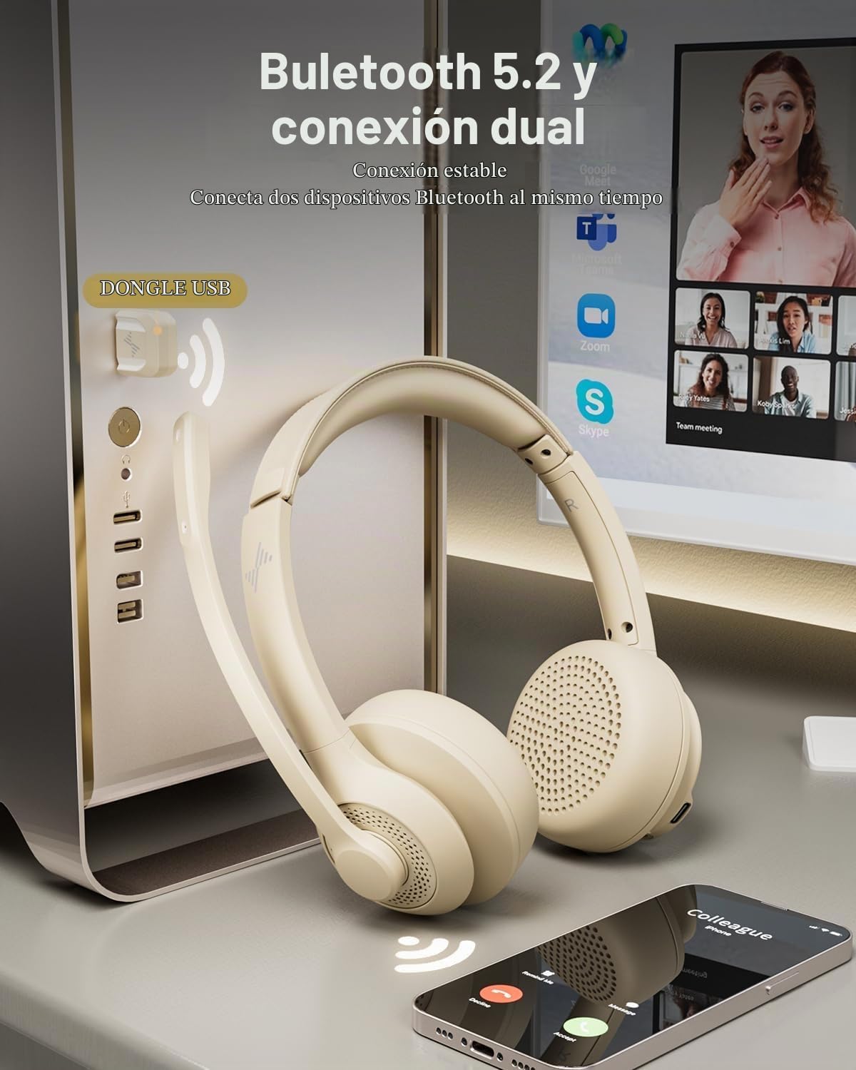 JIAMQISHI Auriculares de oficina Bluetooth V5.2 en color albaricoqu...