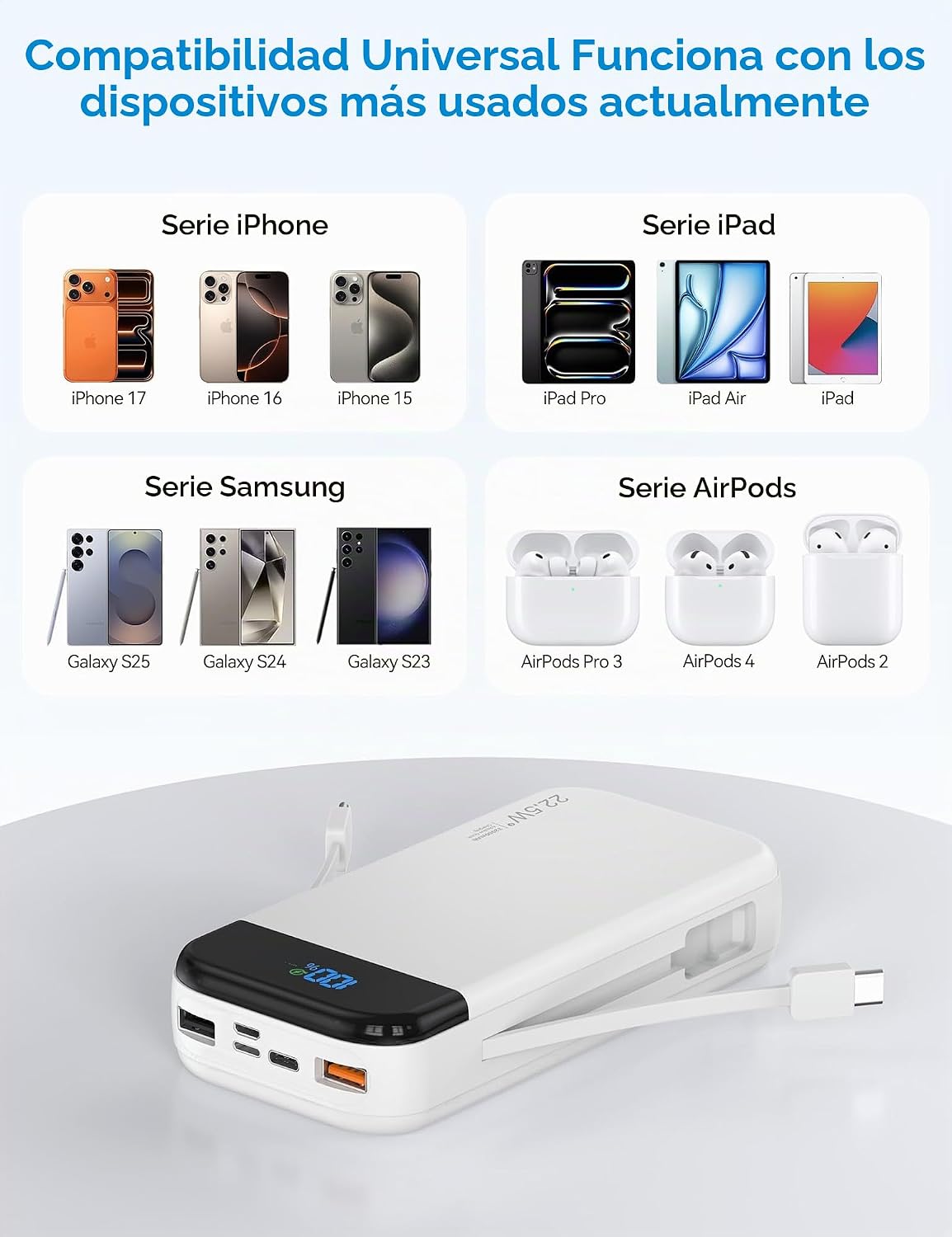 Banco de baterías para teléfono 32000 mAh 22,5 W con cables integra...