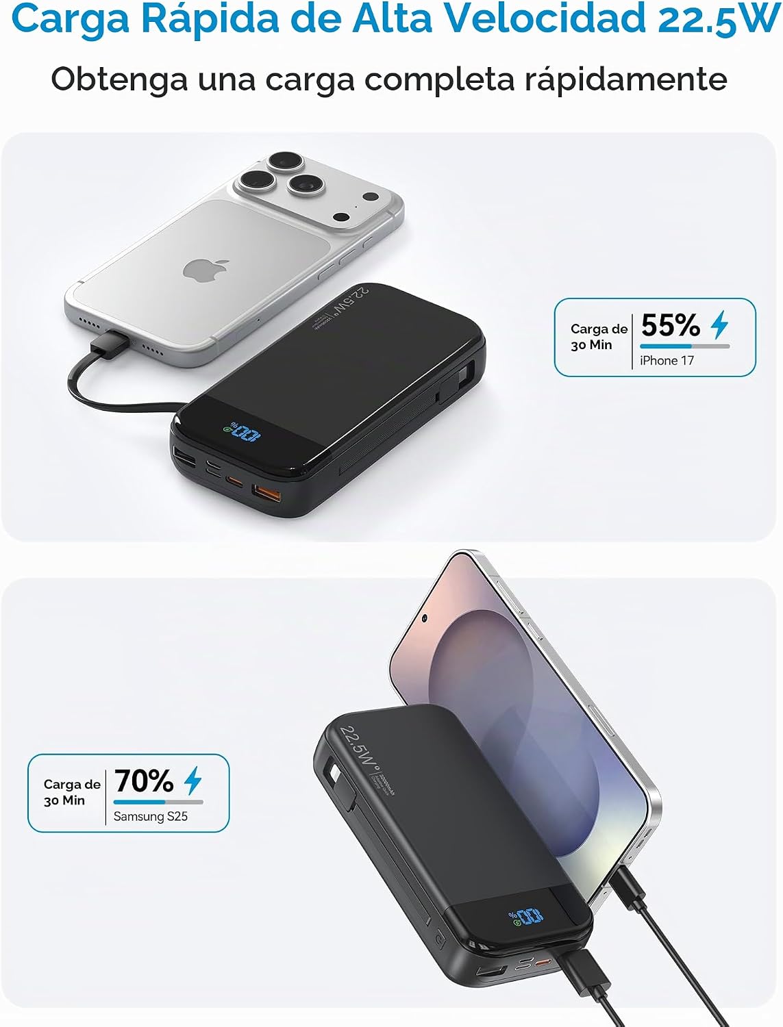 Banco de baterías para teléfono 32000 mAh 22,5 W con cables integra...