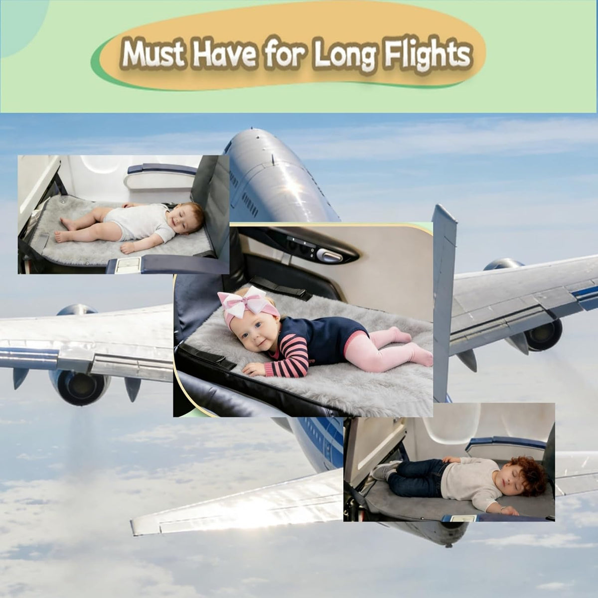 Cama de avión gris para niños pequeños, portátil, extensor de asien...