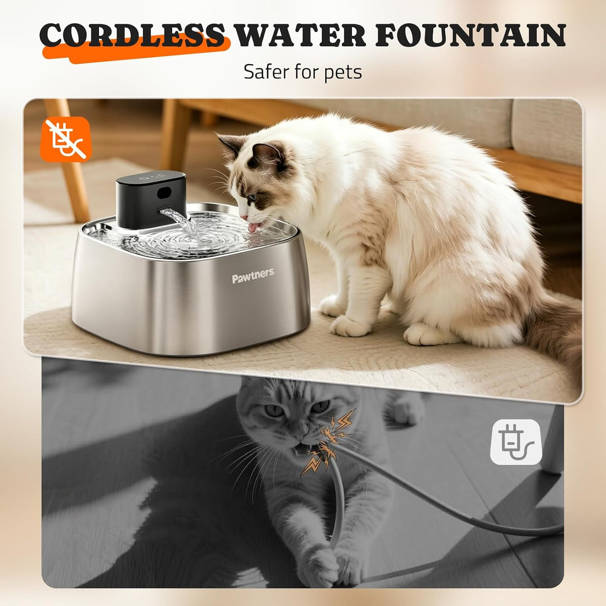 Pawtners Fuente de agua para gatos sin bombeo de acero inoxidable 1...