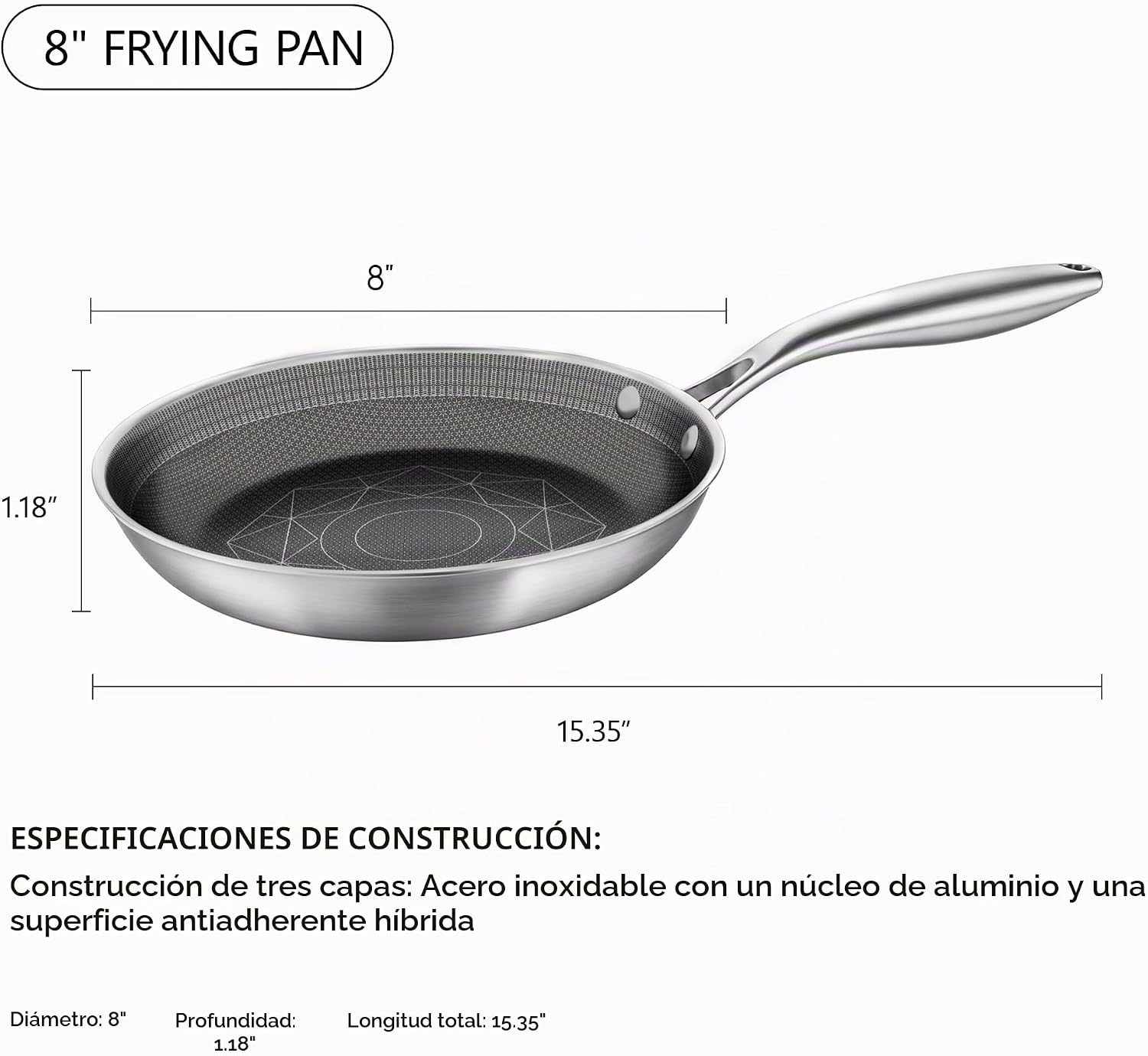 COOKER KING Sartén de acero inoxidable de 8 pulgadas, sartén antiad...