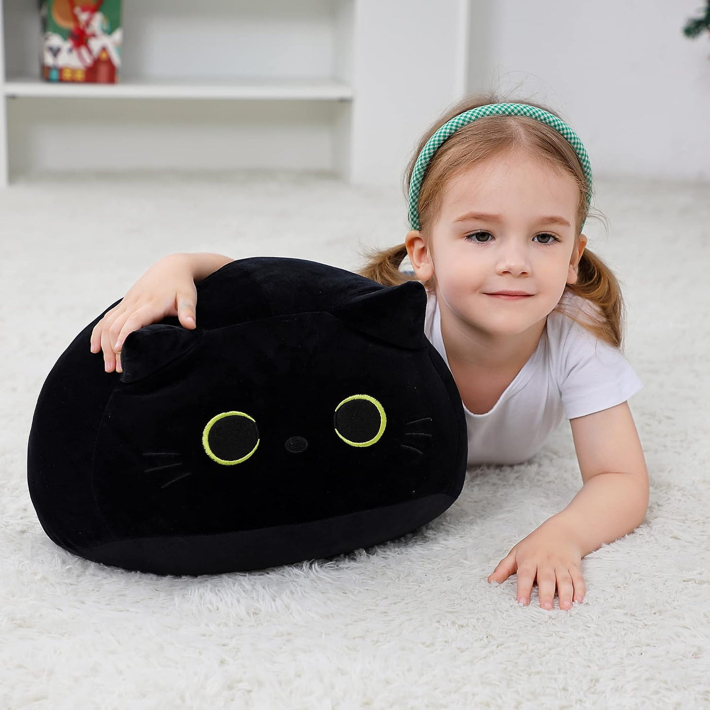 WeBingo Peluche de gato negro de 16 pulgadas, almohada de peluche d...