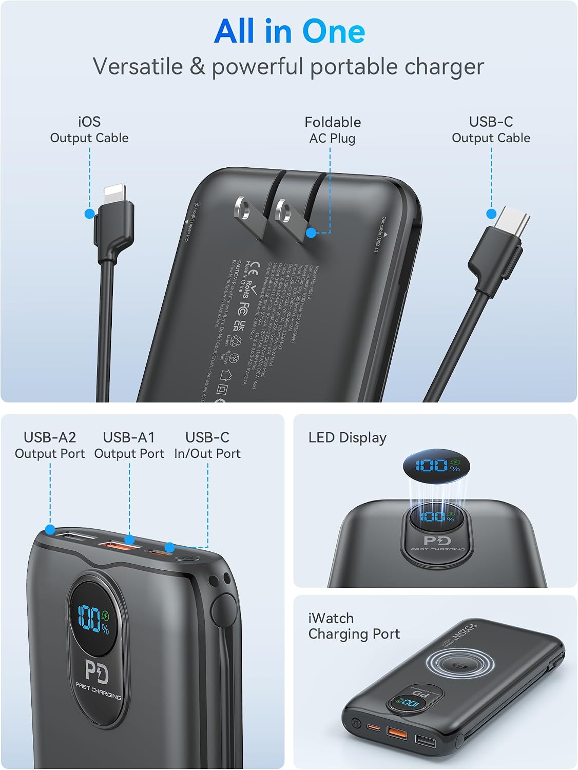 Cargador portátil Power Bank 10000mAh PD20W con cables incorporados...