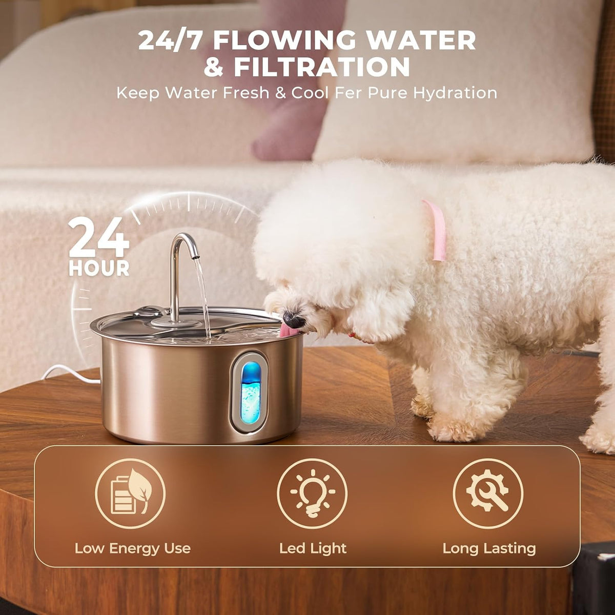 Smartoo Fuente de agua para gatos de acero inoxidable de 3.2L\/108o...
