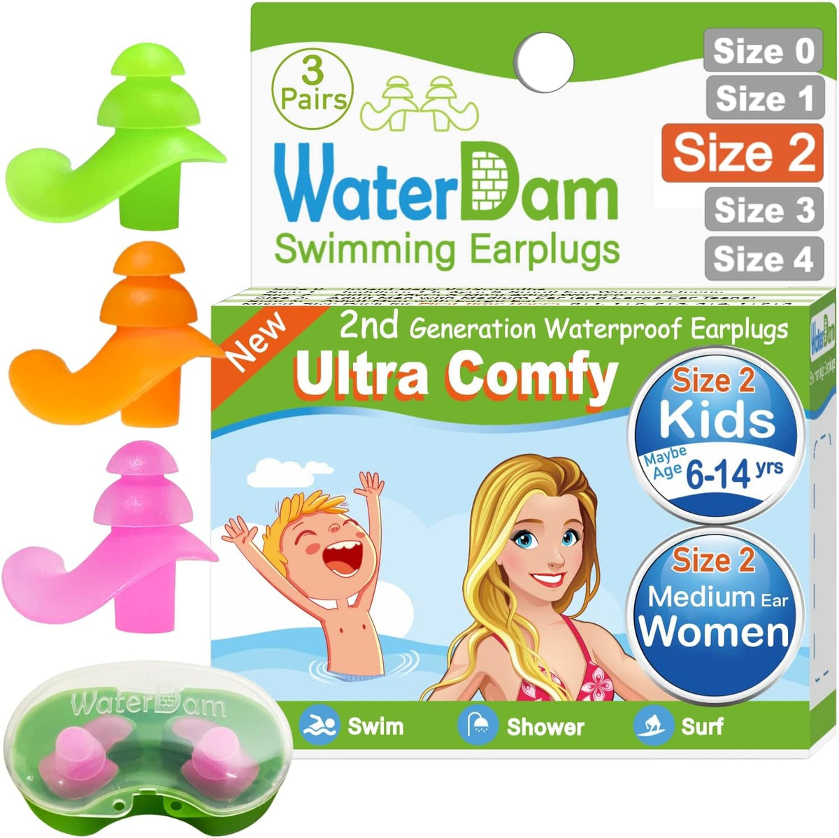 WaterDam - Tapones de natación para los oídos, gran impermeabilidad...
