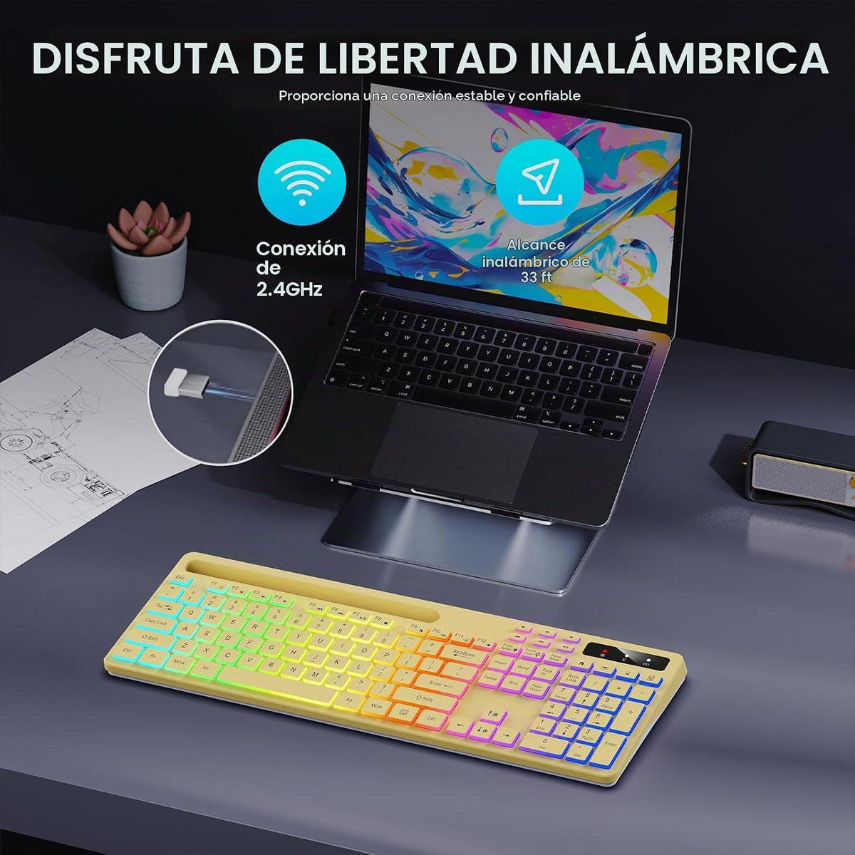 Soueto Teclado inalámbrico con retroiluminación RGB, soporte para t...