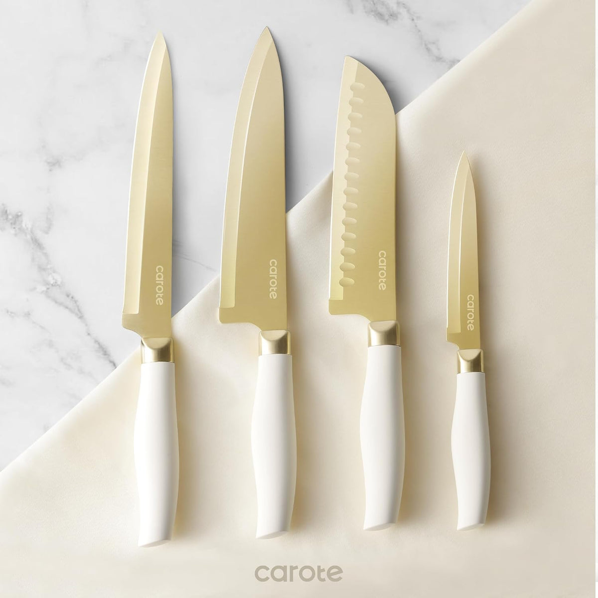 CAROTE Juego de cuchillos de cocina, 6 cuchillos dorados con 6 prot...