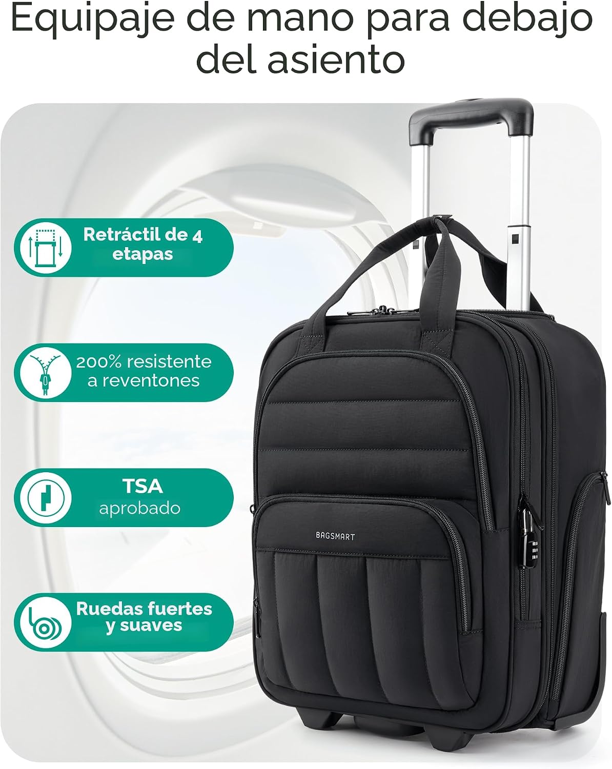 BAGSMART Maleta de mano pequeña debajo del asiento con ruedas, equi...