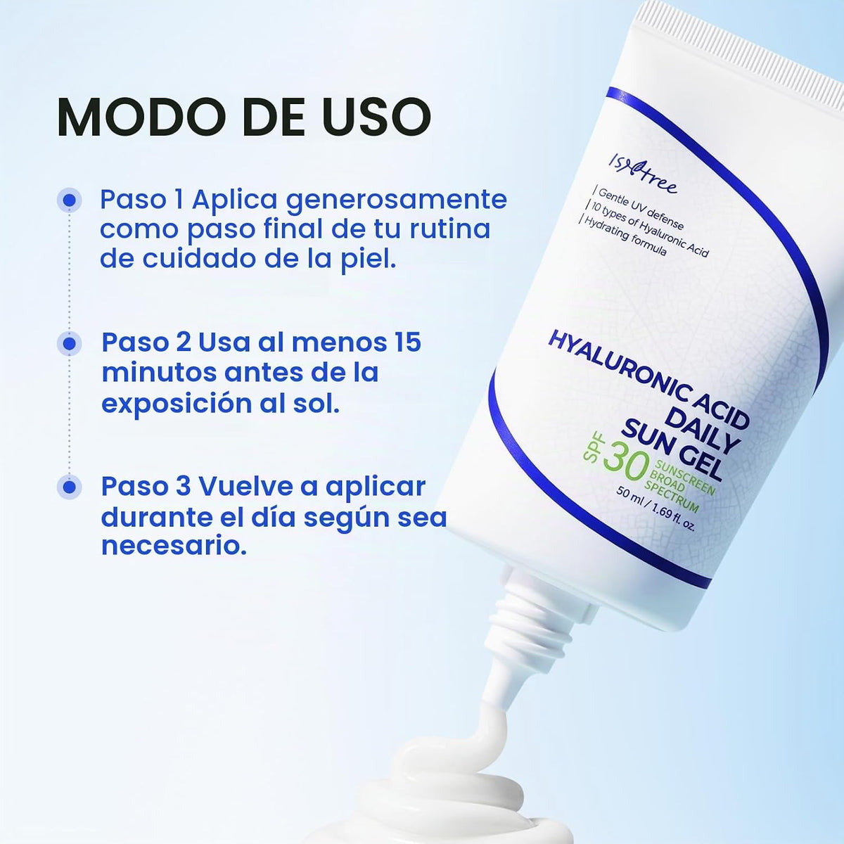 ISNTREE - Gel solar diario de ácido hialurónico SPF 30, protector s...