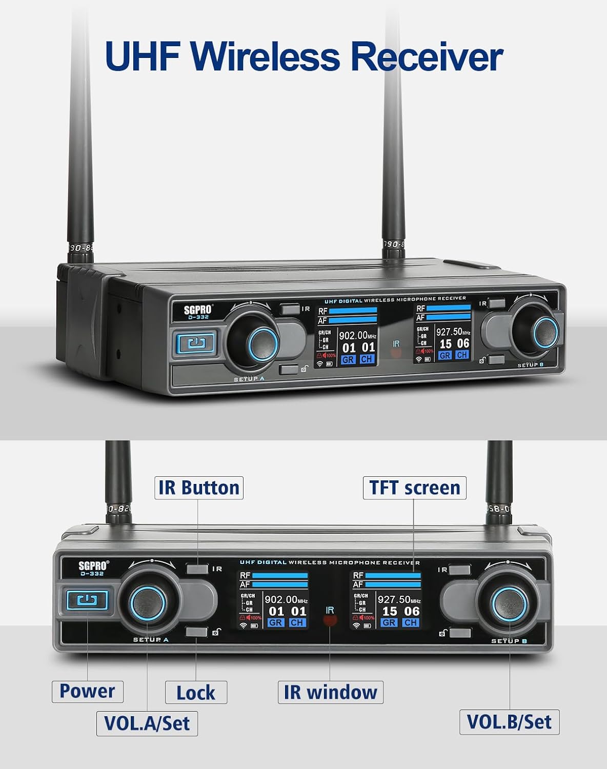 SGPRO D-332BB Sistema de micrófono inalámbrico dual con micrófonos...