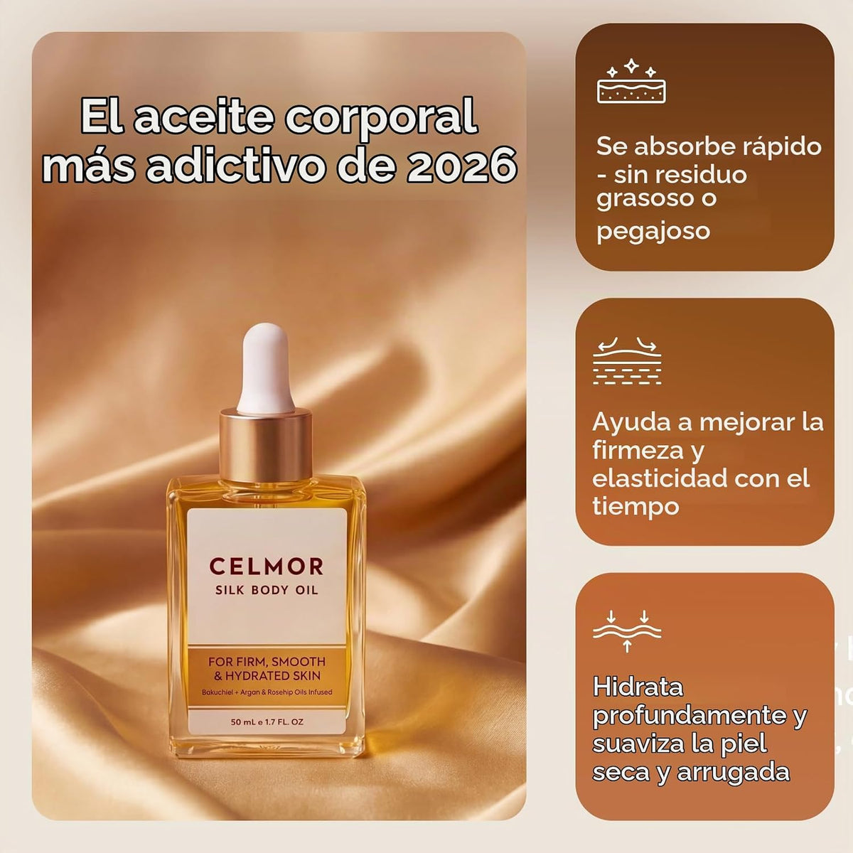 CELMOR Aceite corporal de seda para mujer | Antienvejecimiento, rea...