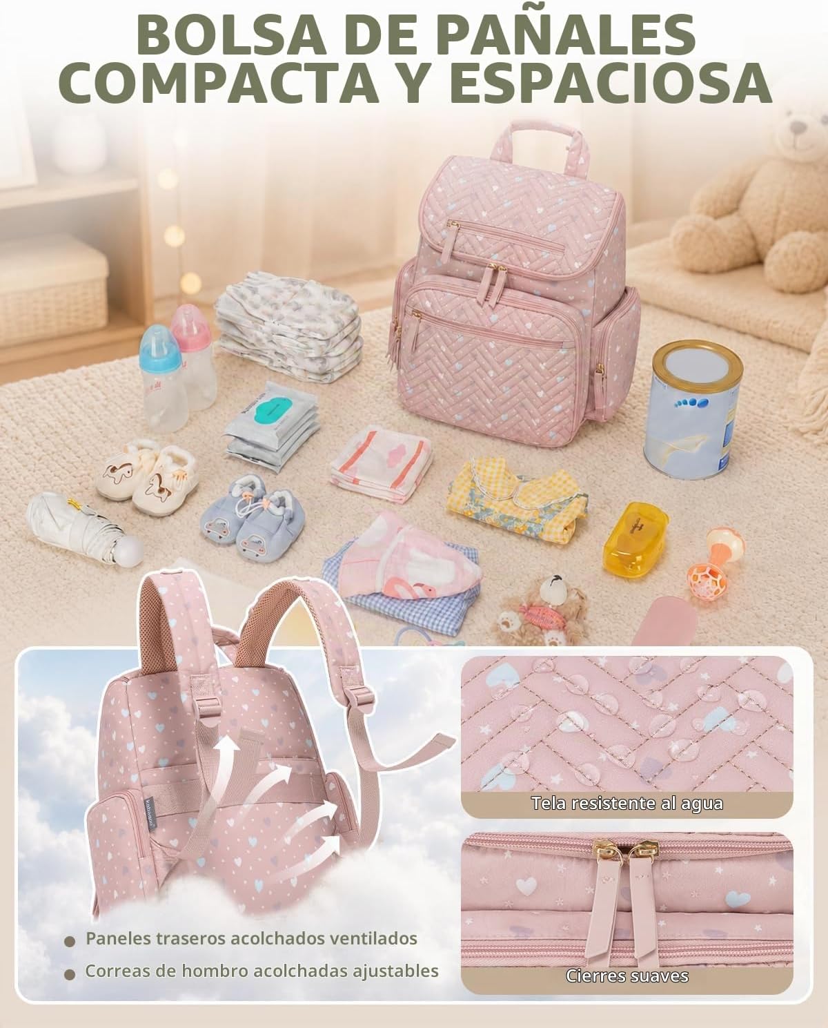 KABAQOO Mochila para pañales con cambiador y bolsillos aislados, Ro...