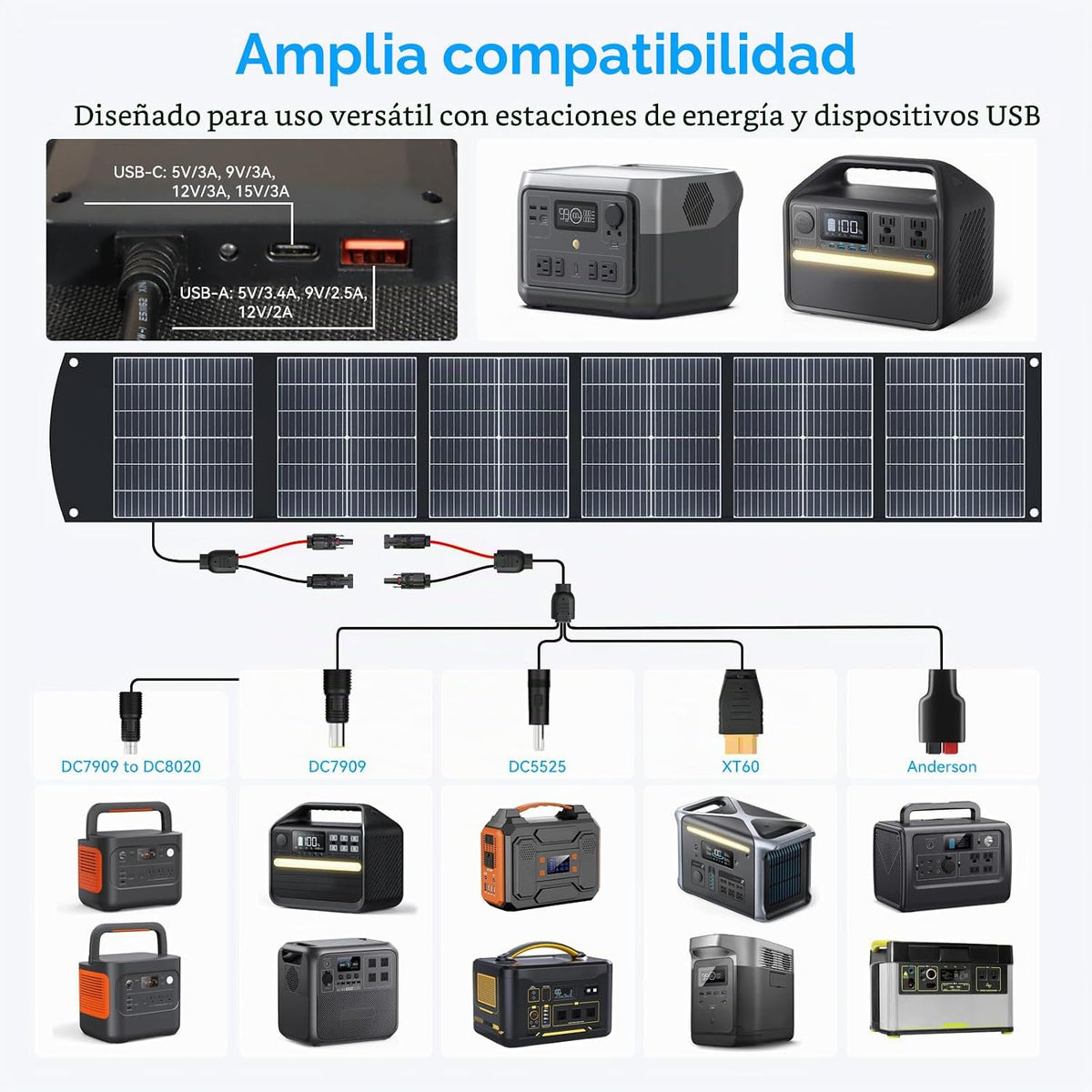 Ecosonique 200W Panel solar plegable portátil MC4 salida para centr...