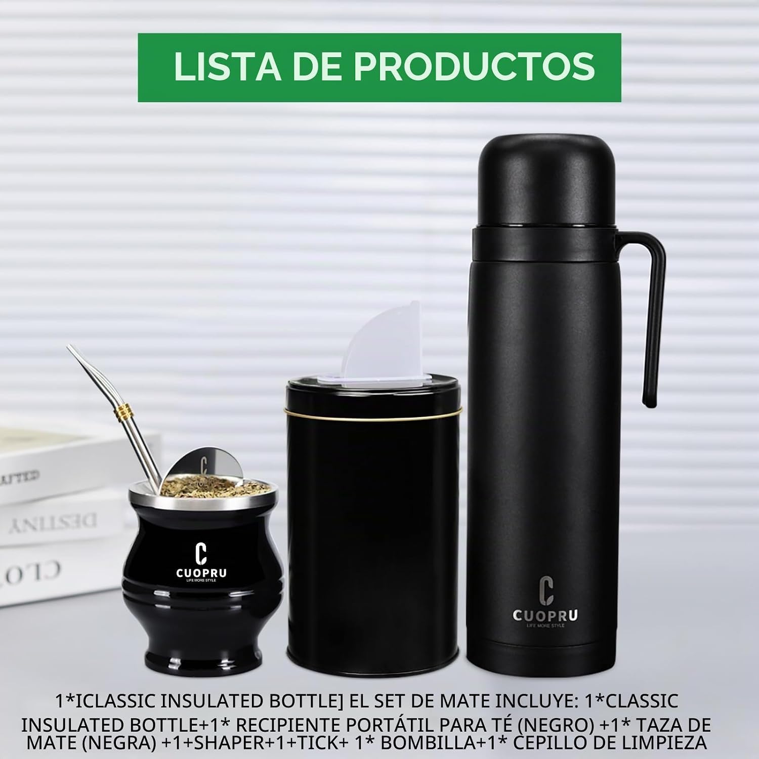 uopru Kit de yerba mate de acero inoxidable premium, calabaza, botella aislada de 33.8 onzas, recipiente, bombilla, cepillo de limpieza, juego de filtros de té, negro mate