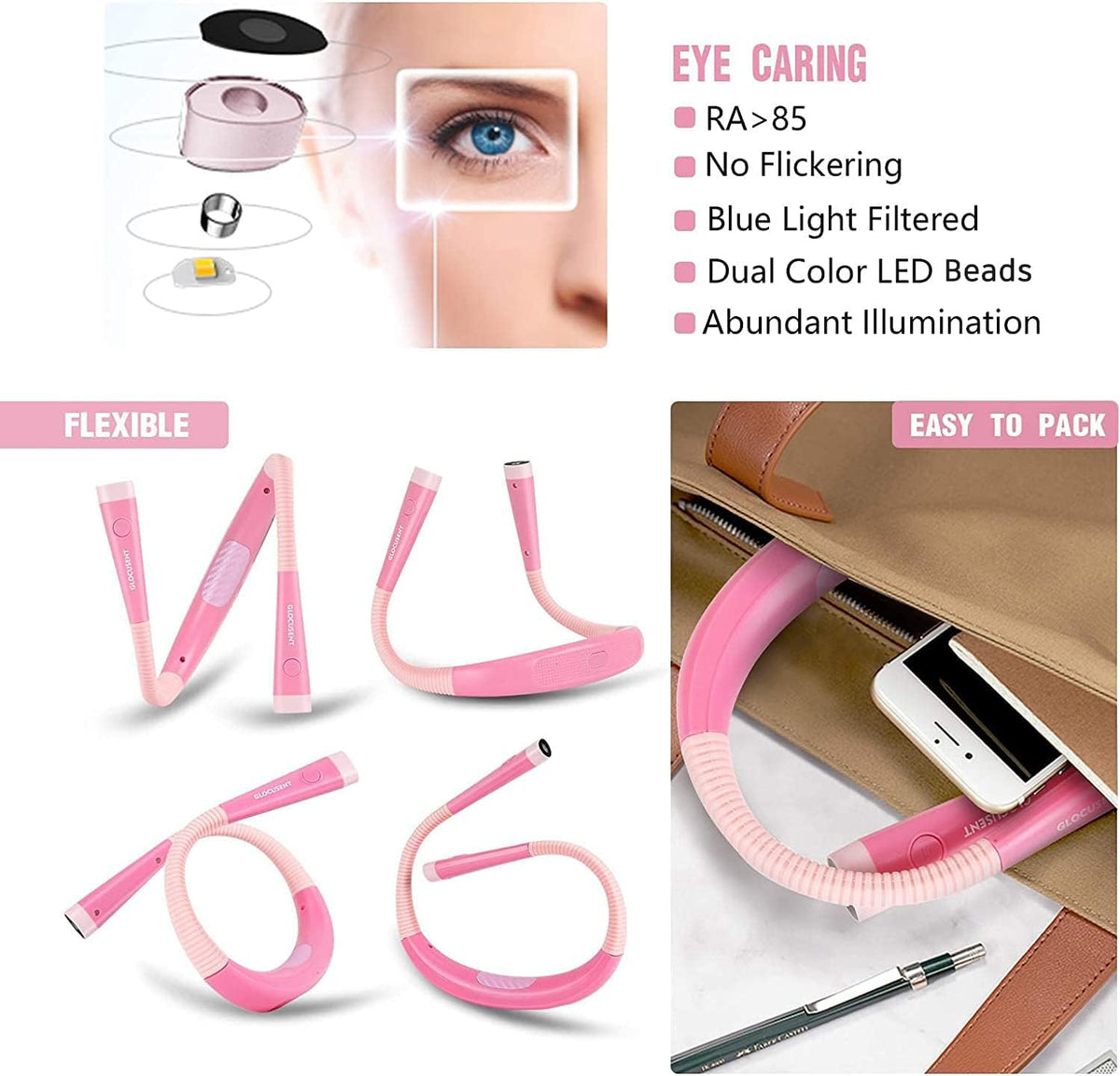 Glocusent Luz de libro, luz de cuello flexible, luz de libro para l...