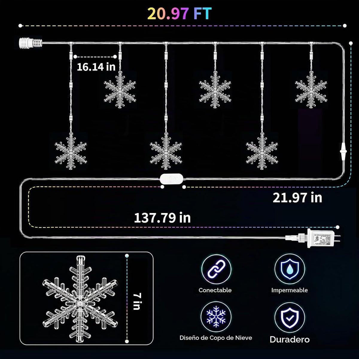 Heyelux Luces de carámbano de copo de nieve de Navidad, 21 pies, 72...