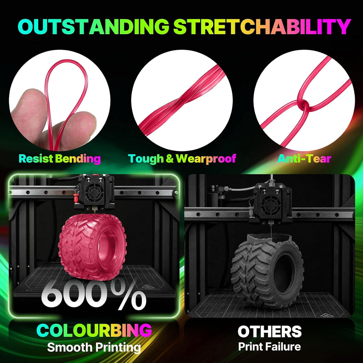 Colourbing Filamento flexible de TPU 95A para impresora 3D, suave y...