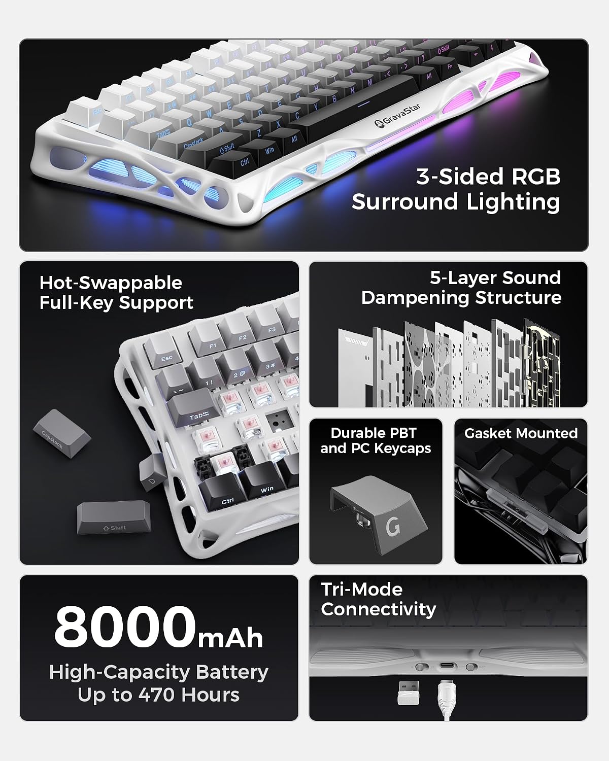GravaStar Mercury K1 75% teclado mecánico inalámbrico para juegos,...