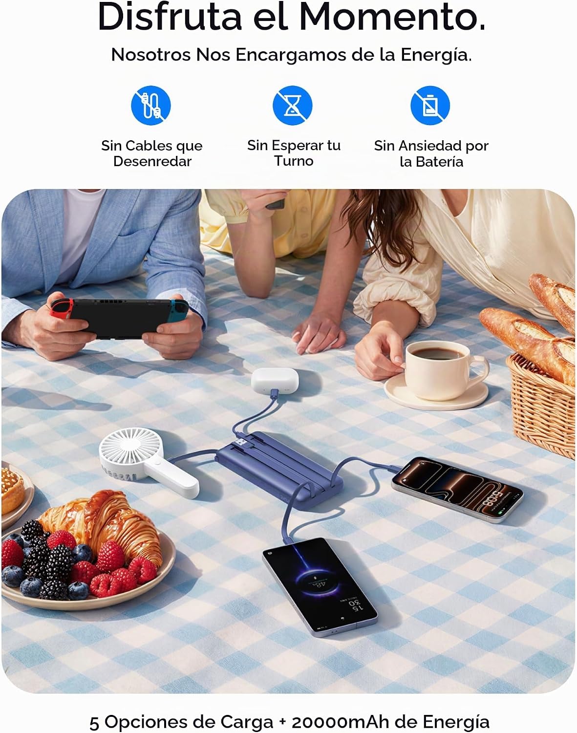 VRURC Cargador portátil 4 cables integrados 20000mAh Banco de energ...
