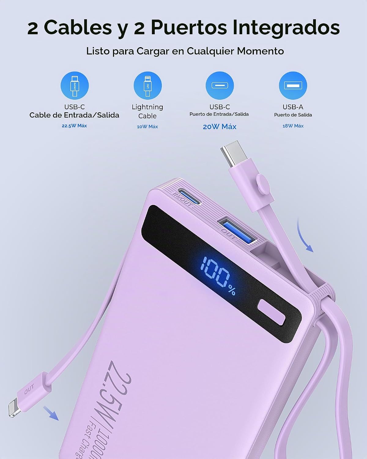 Cargador portátil 10000mAh incorporado 2 cables, 22.5W PD 40% más d...