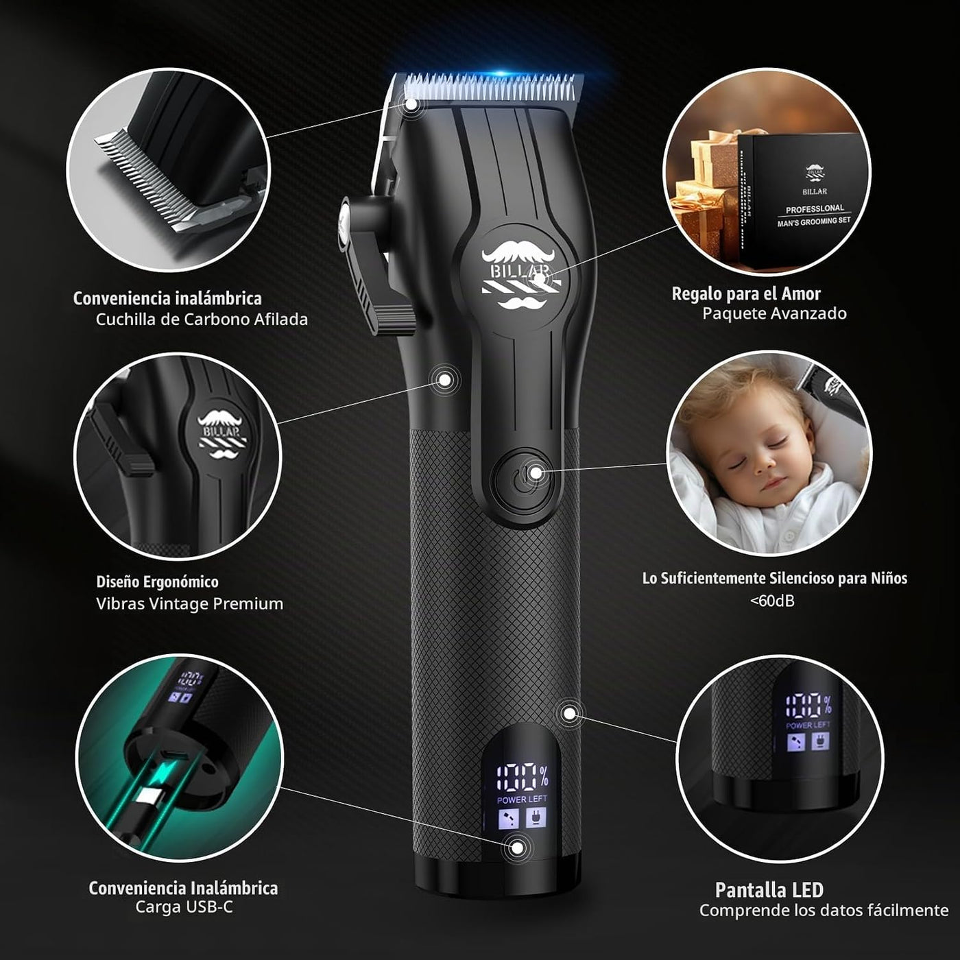 BILLAR® Kit de peluquero inalámbrico, juego profesional de cortapel...