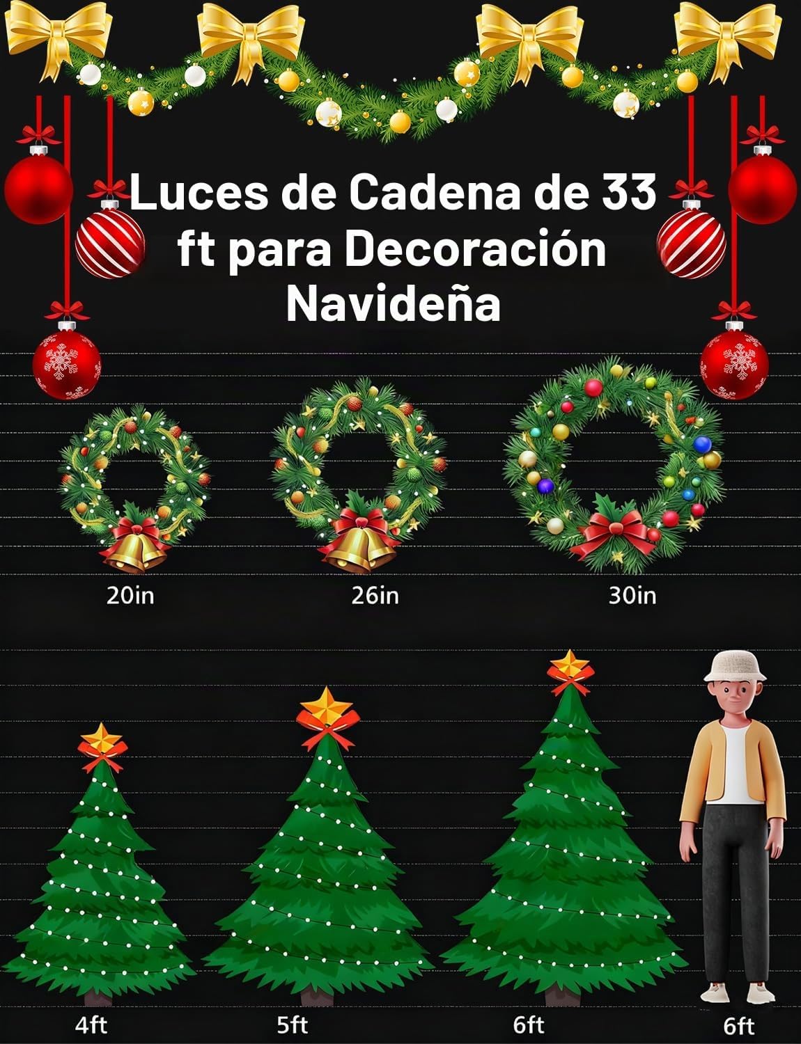 echosari Guirnalda de luces inteligentes de Navidad de 33 pies RGB...
