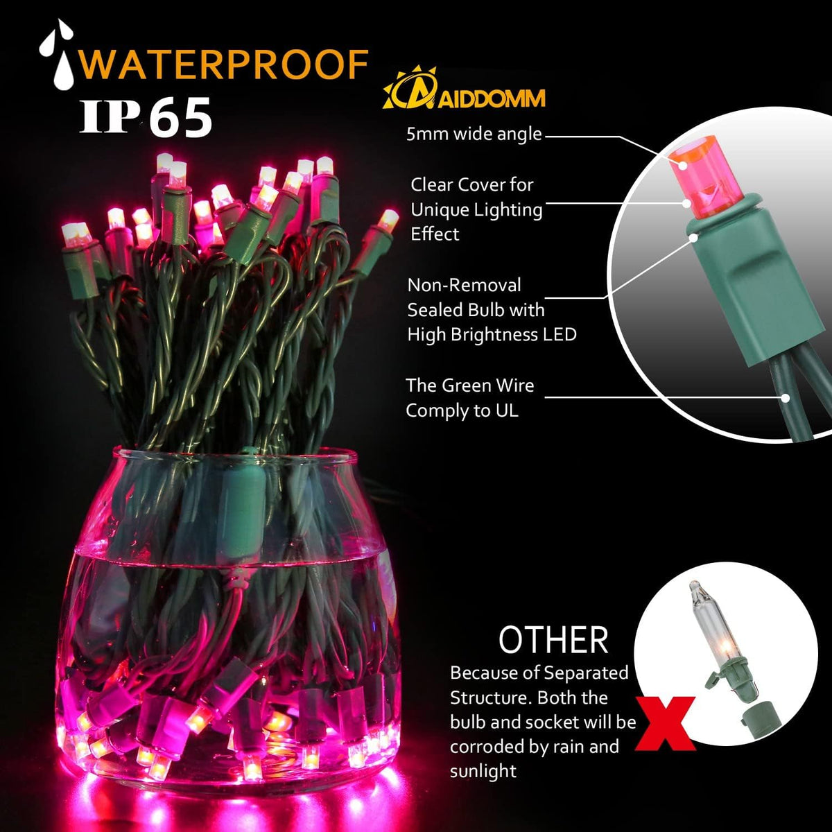100 luces LED rosas de Navidad \u2013 50 pies 0.197 in de color ros...