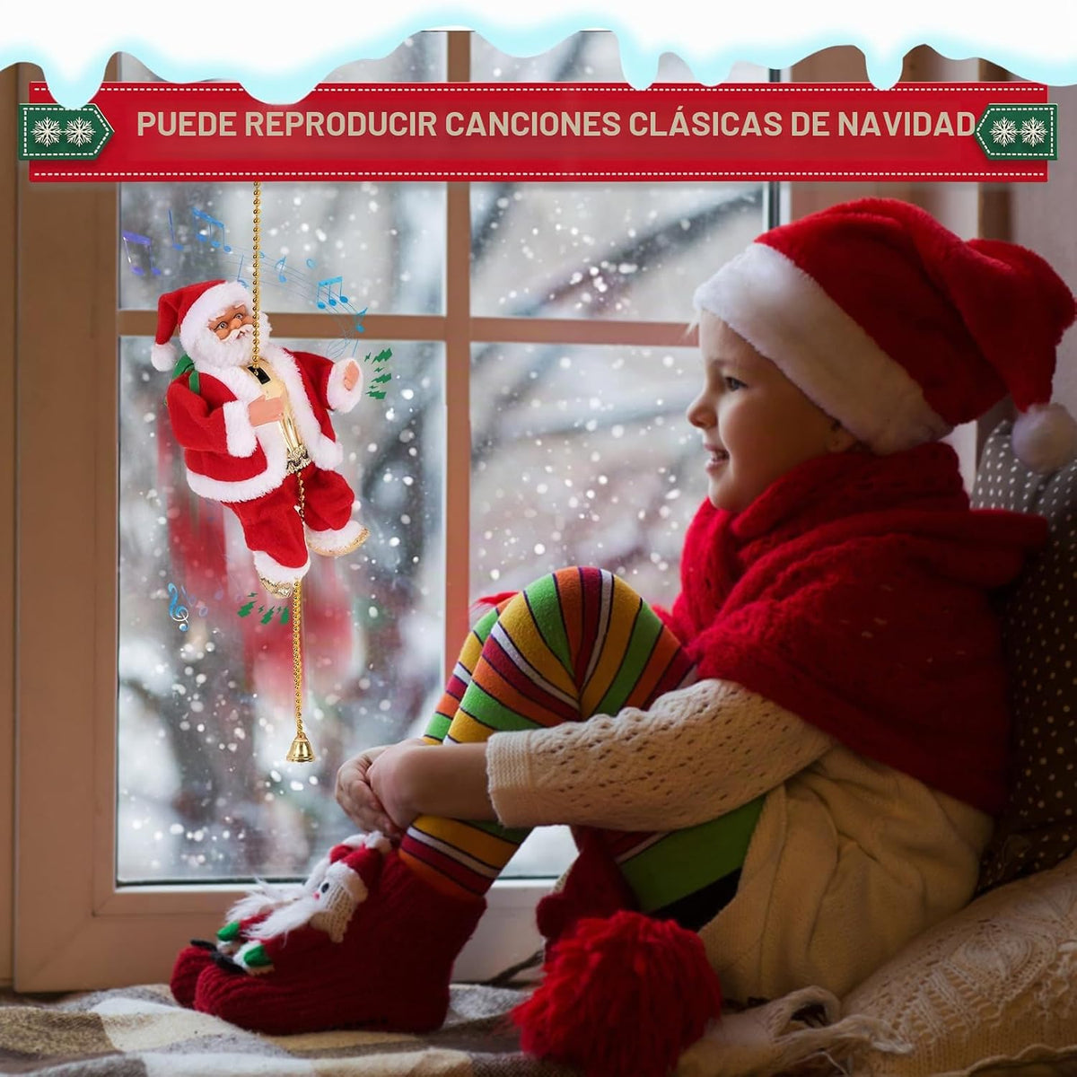 Gfilay Papá Noel trepador de 3 modos en cuerda, decoración musical...