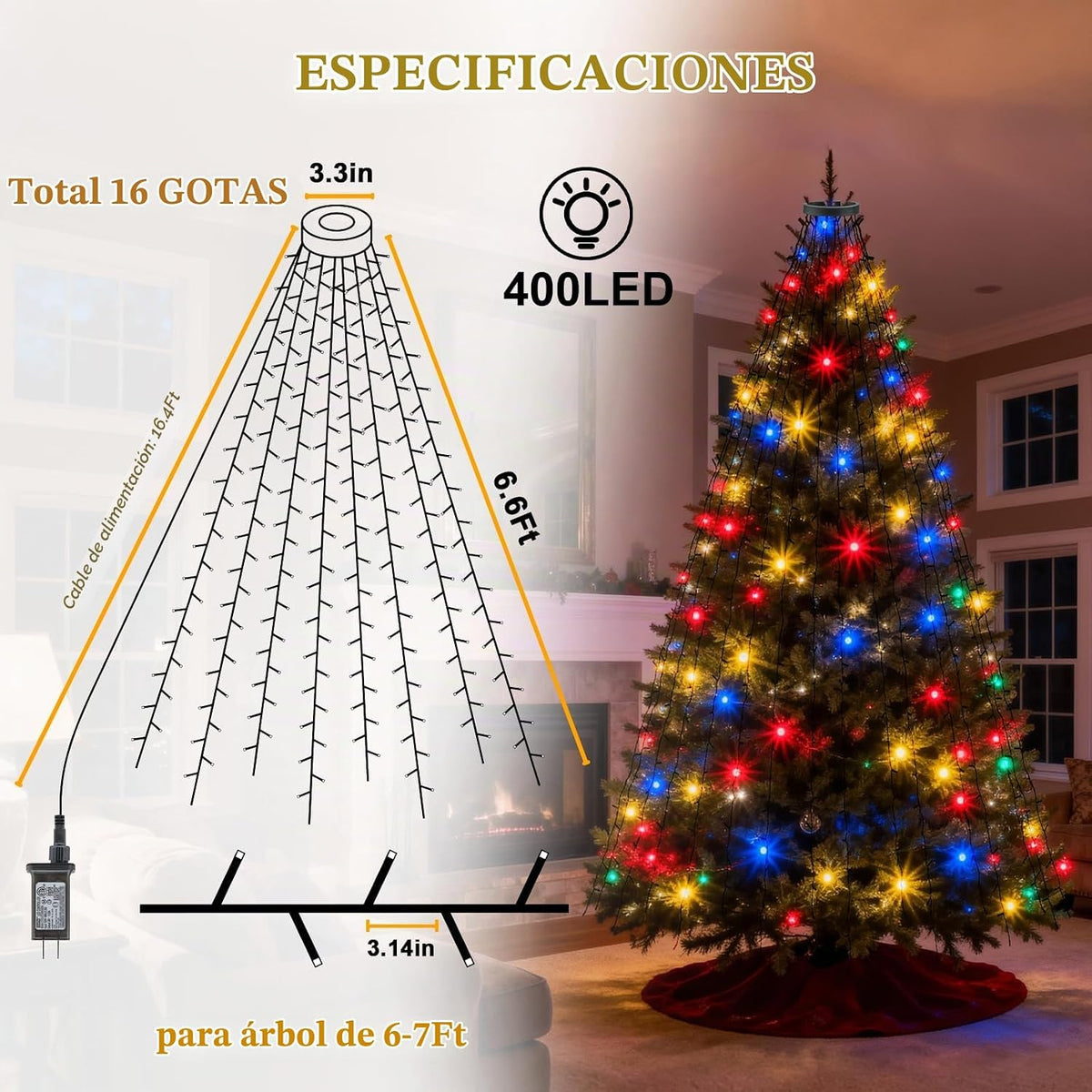 Luces de árbol de Navidad con control remoto, 6.5 pies, 400 luces L...