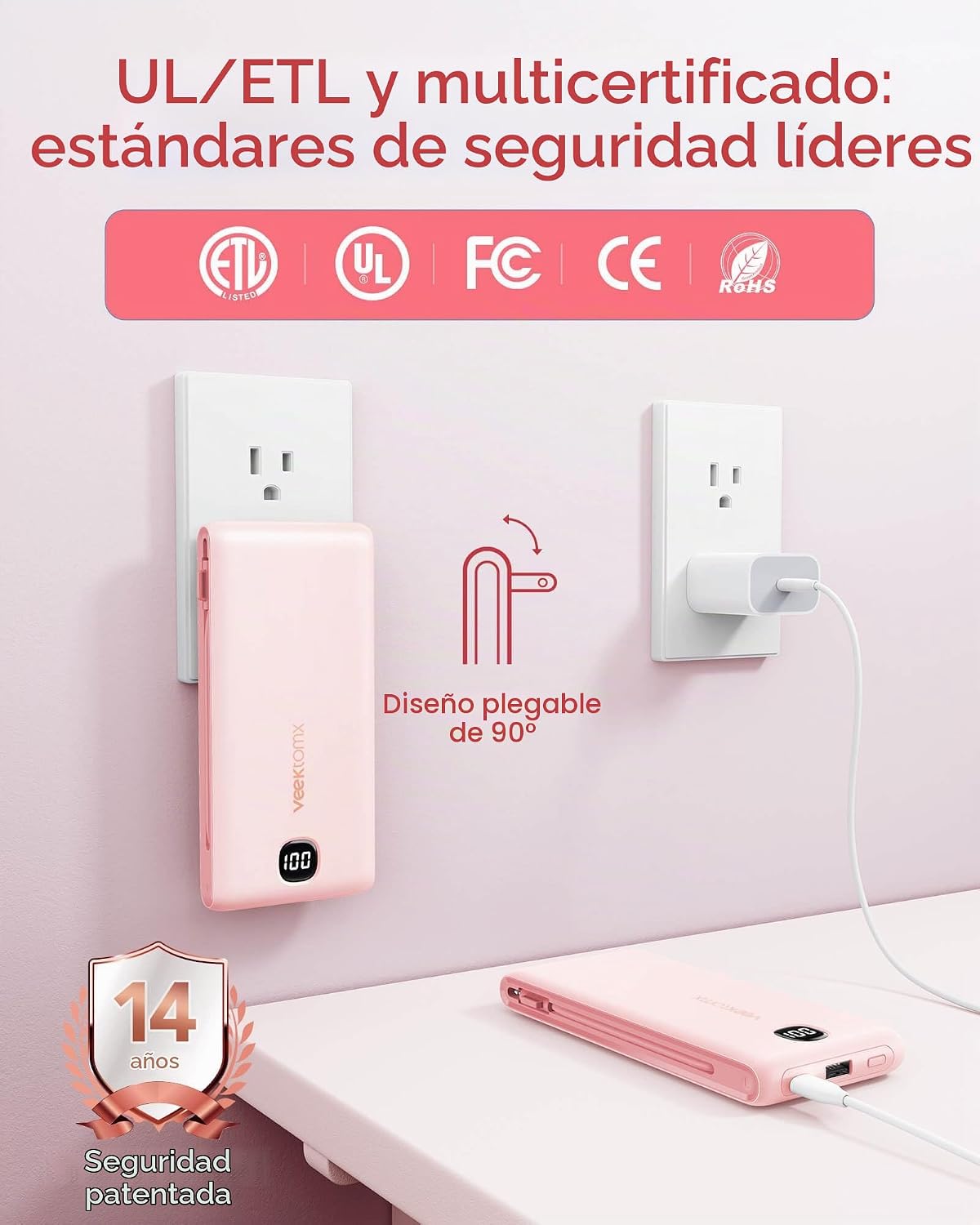 Cargador portátil de batería con cables integrados y enchufe de par...
