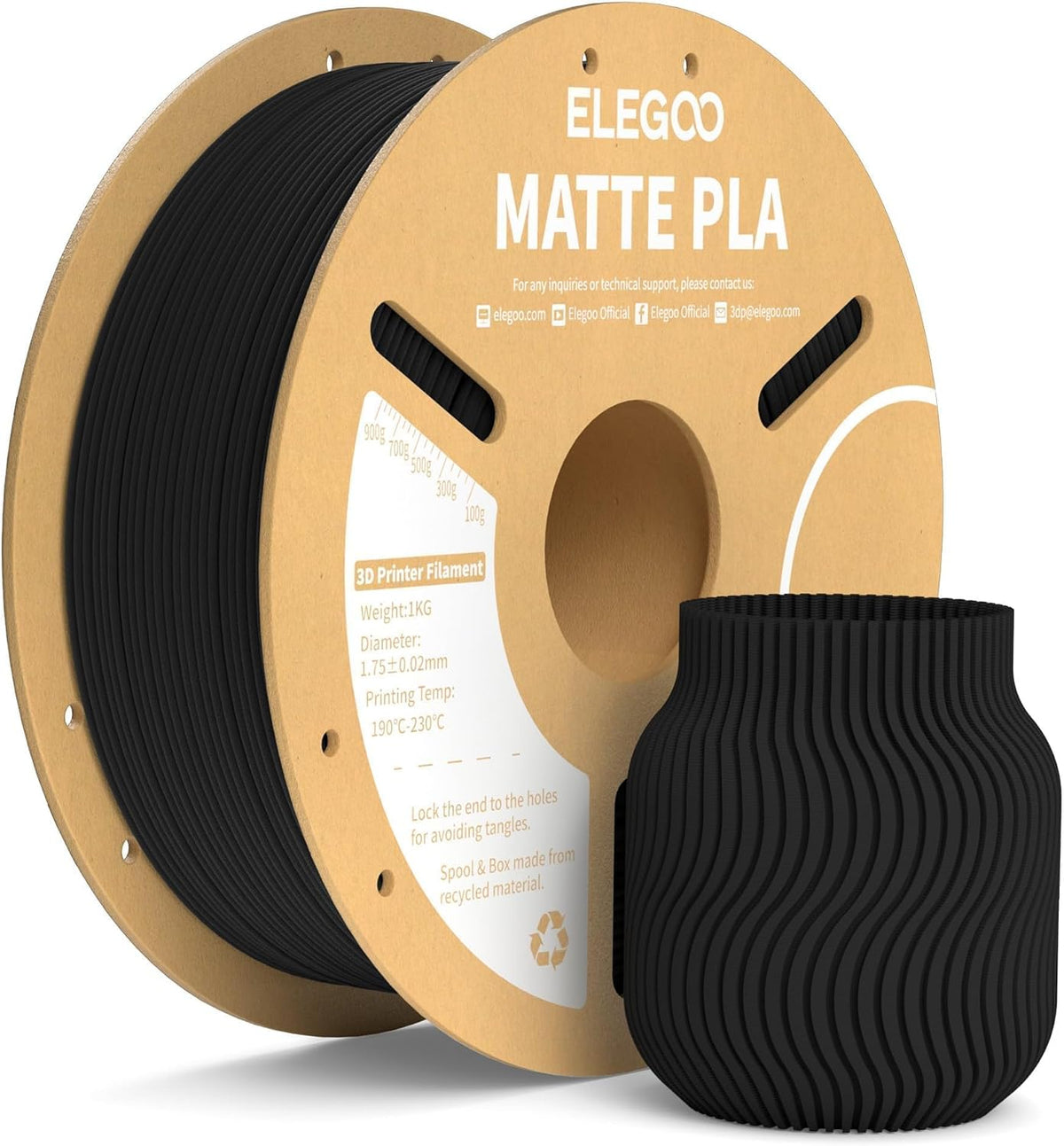 ELEGOO Filamento de impresora 3D PLA mate negro mate 2.2 lbs 0.07 i...