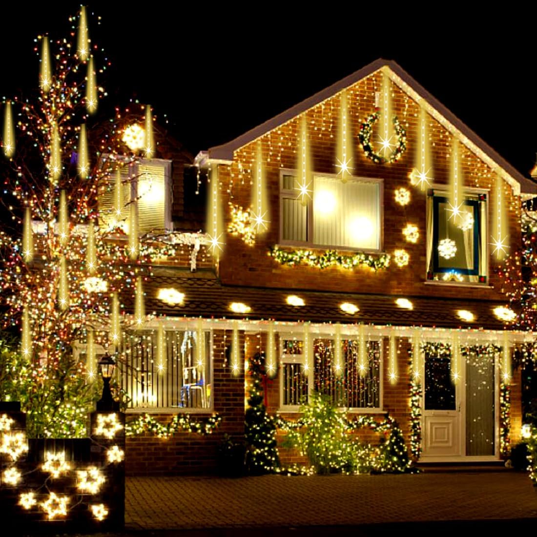 Adecorty Luces navideñas para exteriores, luz de caída de lluvia ce...