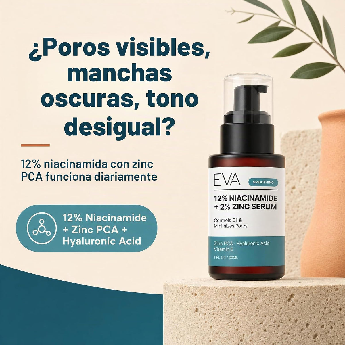 Eva Naturals Niacinamida 12% + Suero de zinc con ácido hialurónico,...