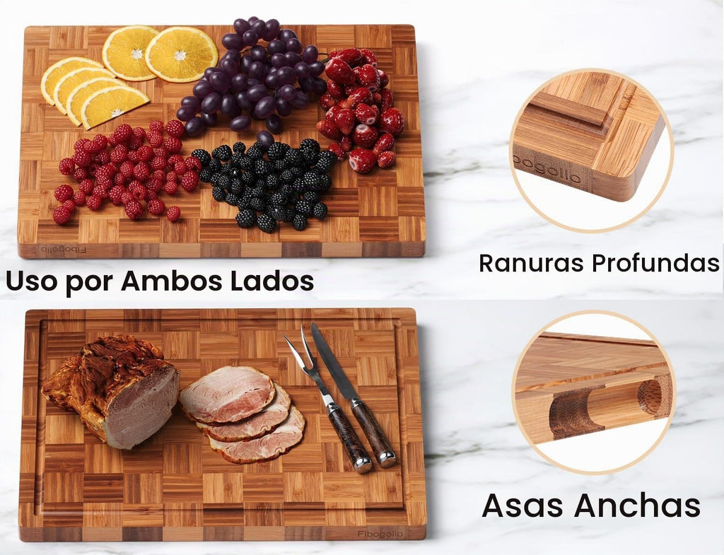 Fibogollo Juego de 3 tablas de cortar de cocina de bambú con ranura...