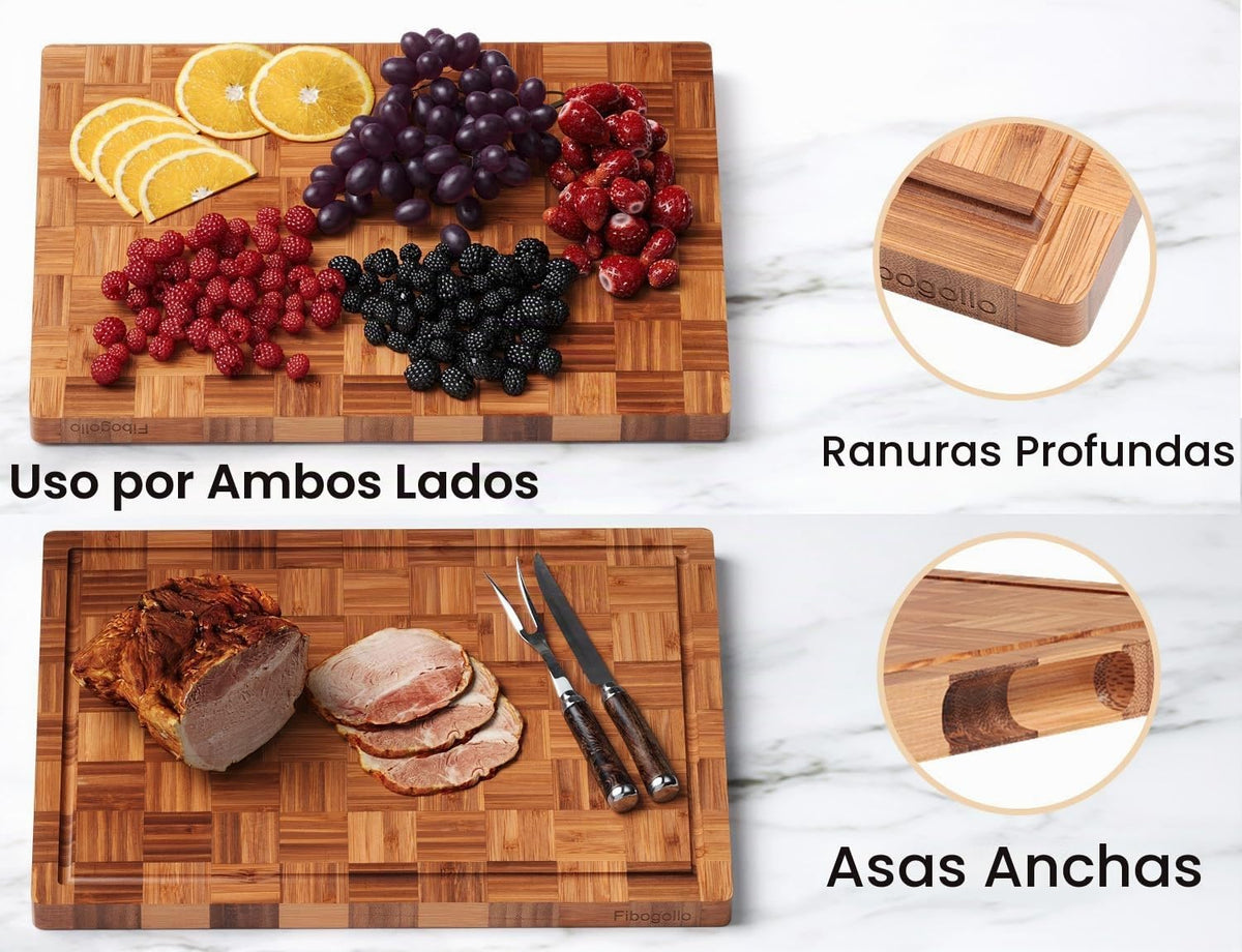Fibogollo Juego de 3 tablas de cortar de cocina de bambú con ranura...