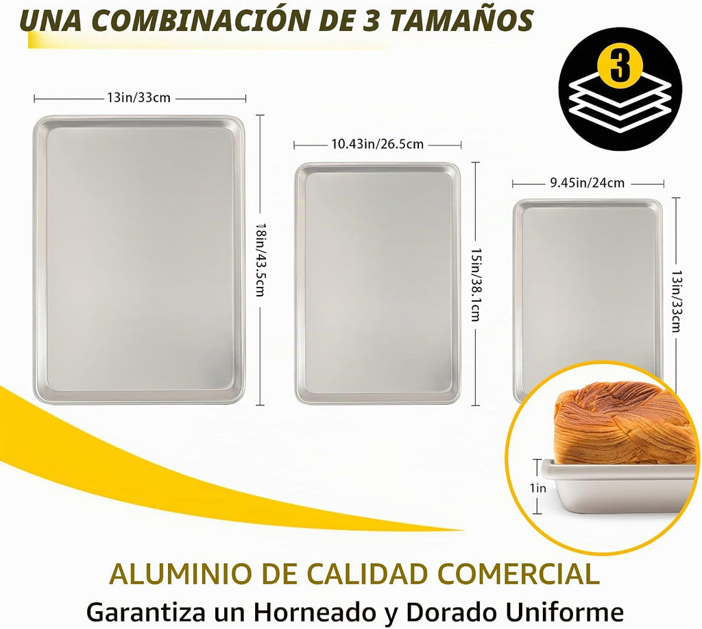 Umite Chef - Juego de 3 bandejas para hornear, de aluminio de calid...