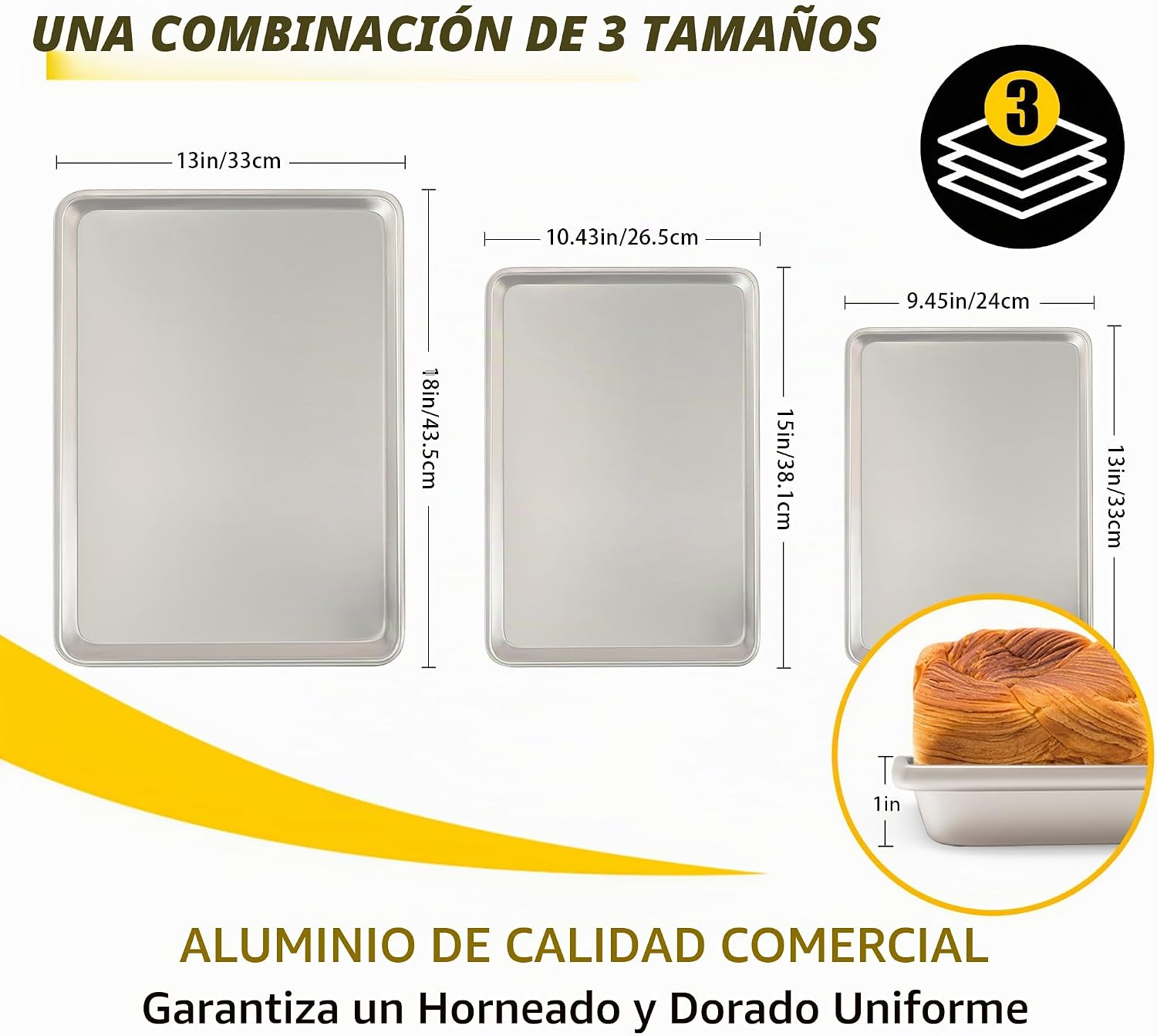 Umite Chef - Juego de 3 bandejas para hornear, de aluminio de calid...