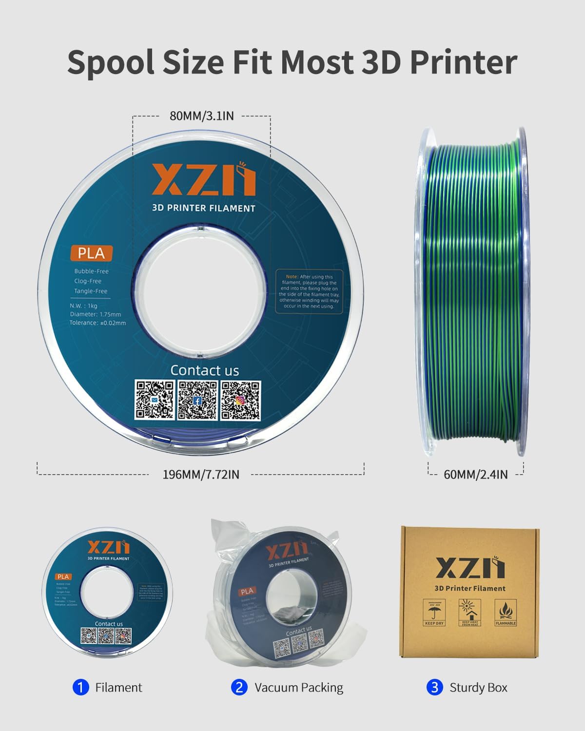 XZN Filamento de PLA de Seda 1.75mm de Doble Color Azul Verde 1KG,...