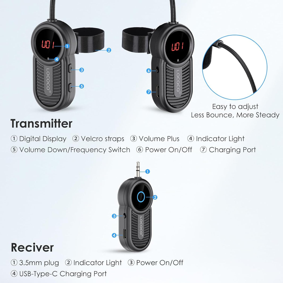 Lococo UHF Sistema de micrófono inalámbrico para flauta: Receptor y...