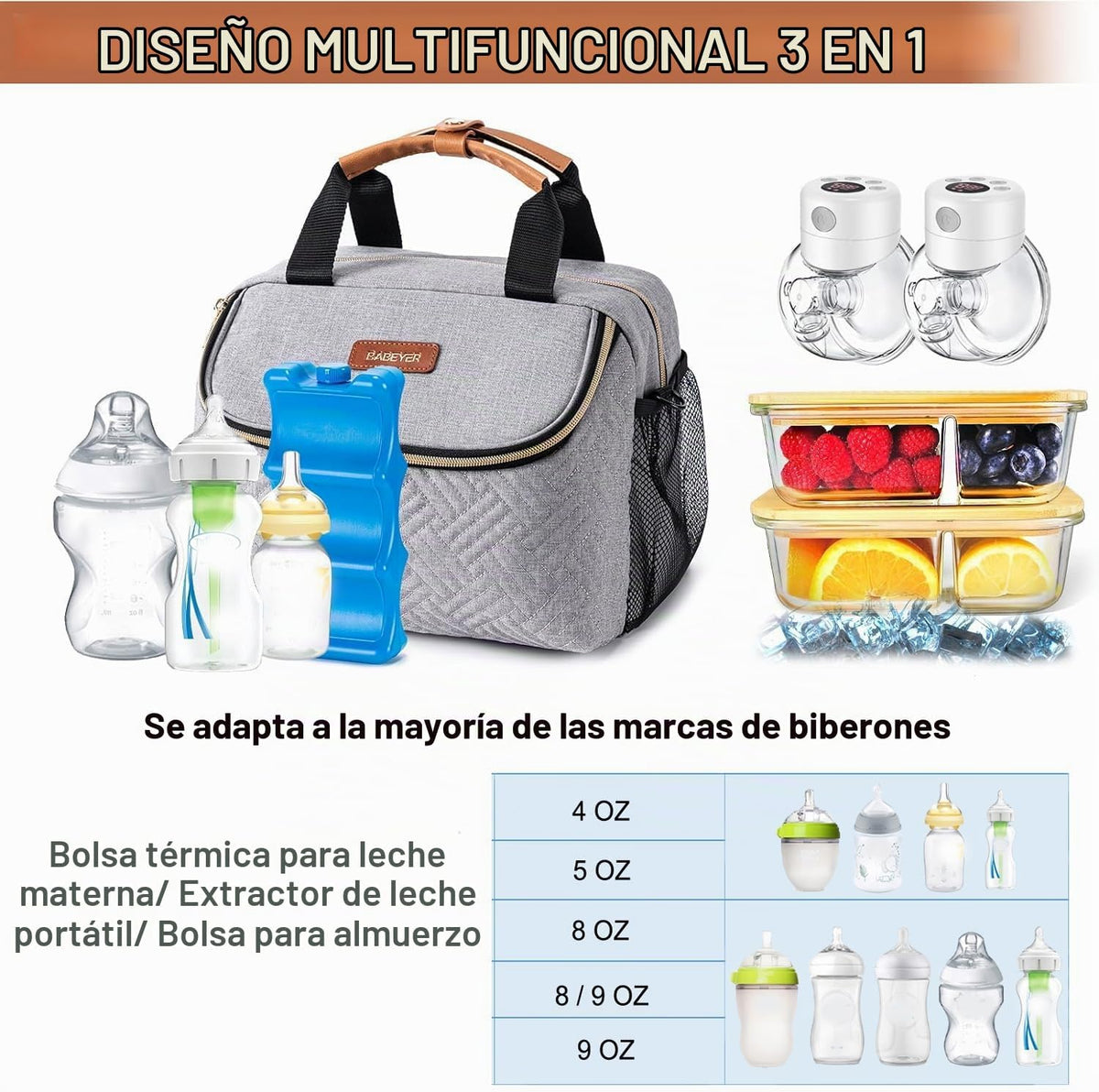 Bolsa térmica para leche materna BABEYER con paquete de hielo, se a...