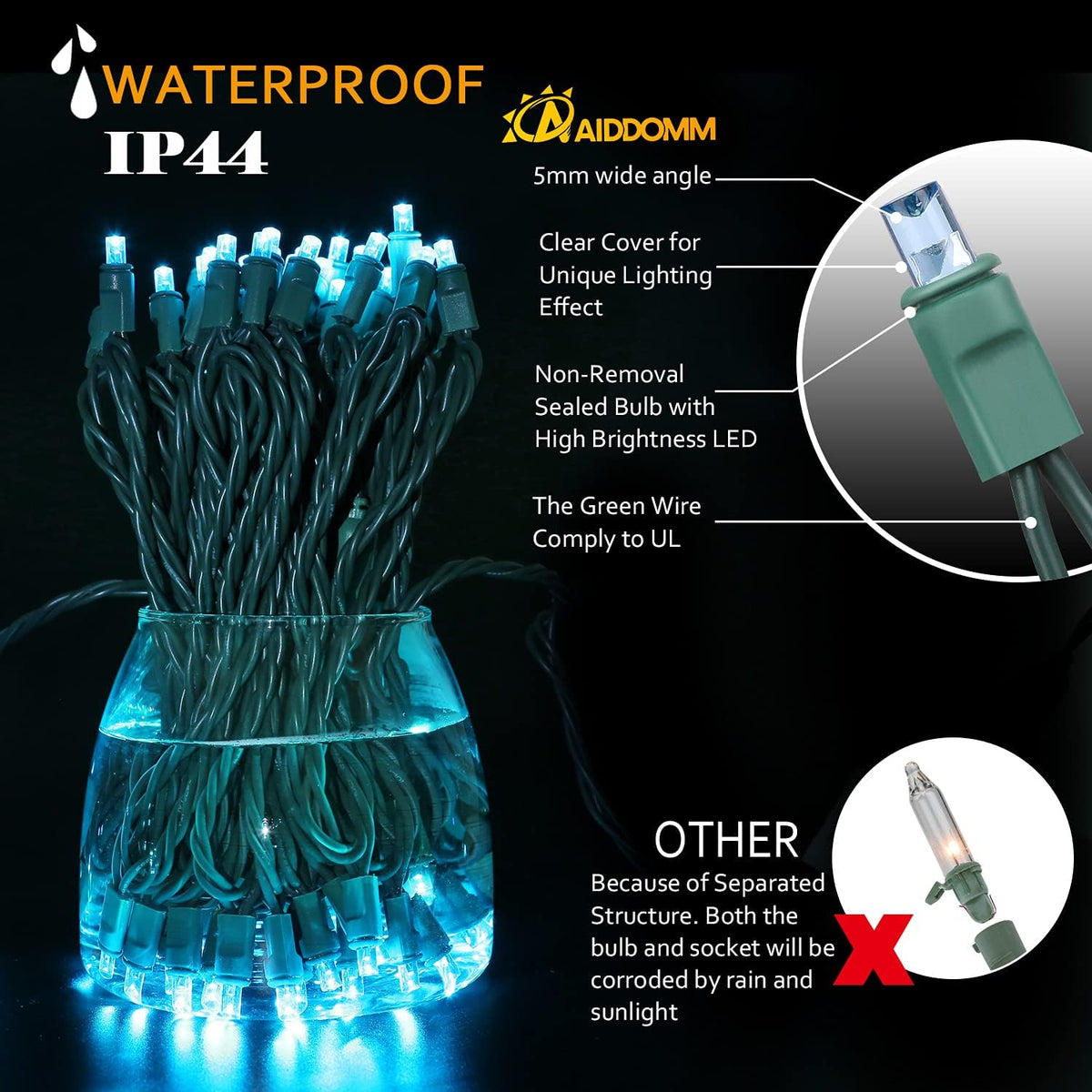 AIDDOMM 100 Unidades Luces LED de Navidad Aguamarina \u2013 50 pies...